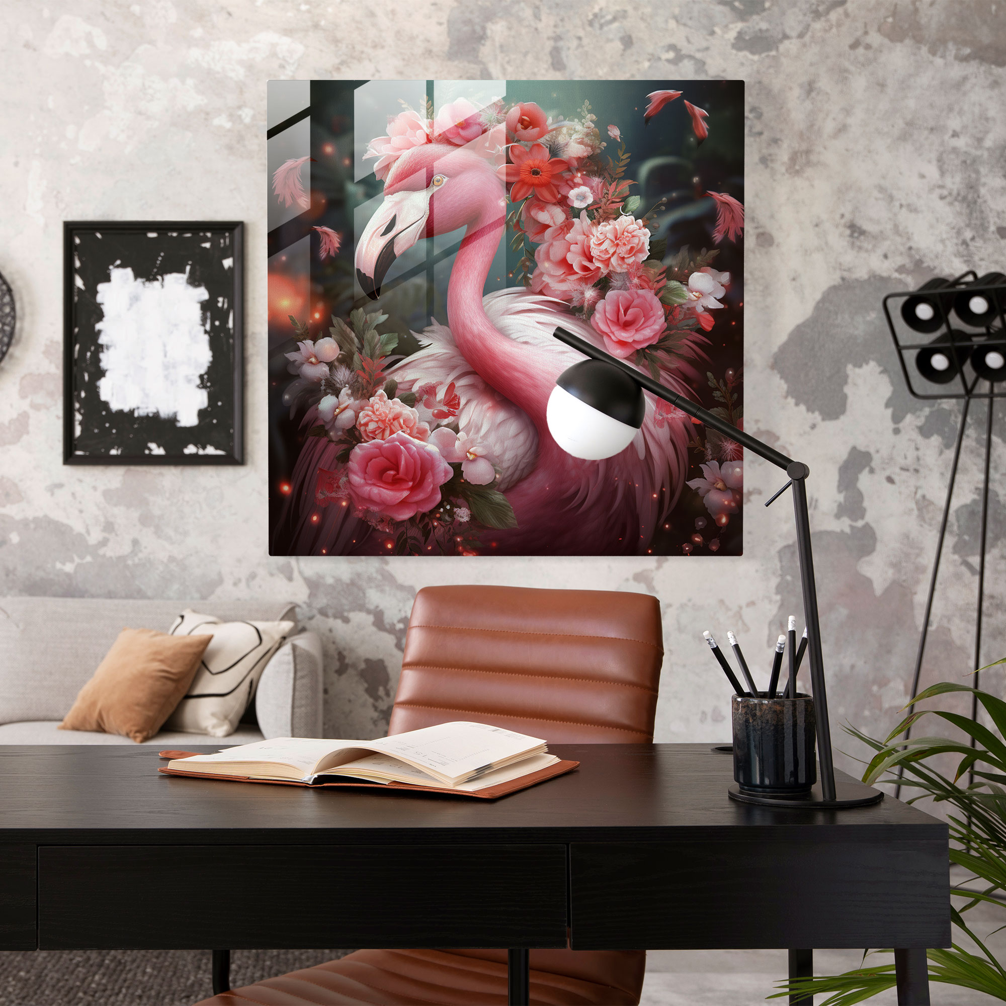 Flamingo Glass Print - Whimsical Floral Crown - Flamingo, Glass Wall Art, Home Decoration, Whimsical