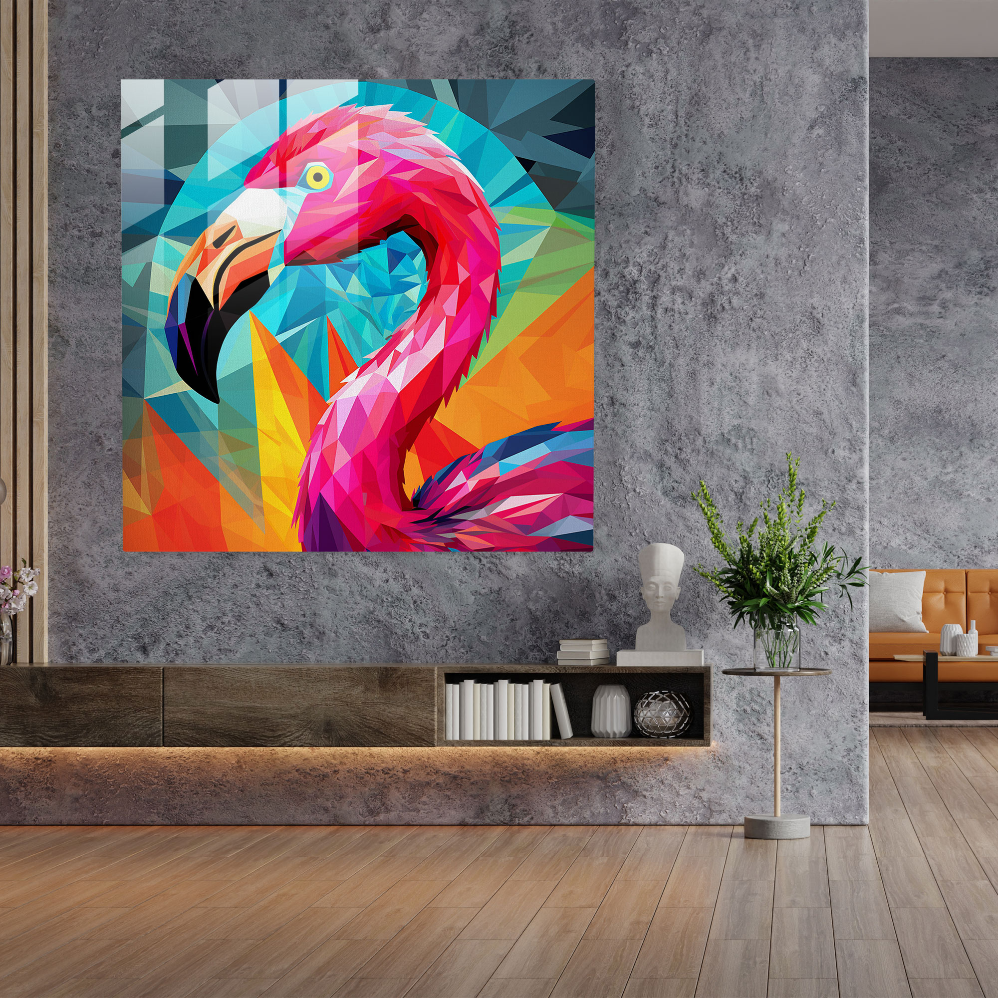 Flamingo Glass Print - Bold Geometric Pop Art - Flamingo, Glass Wall Art, Glass Art, Flamingo