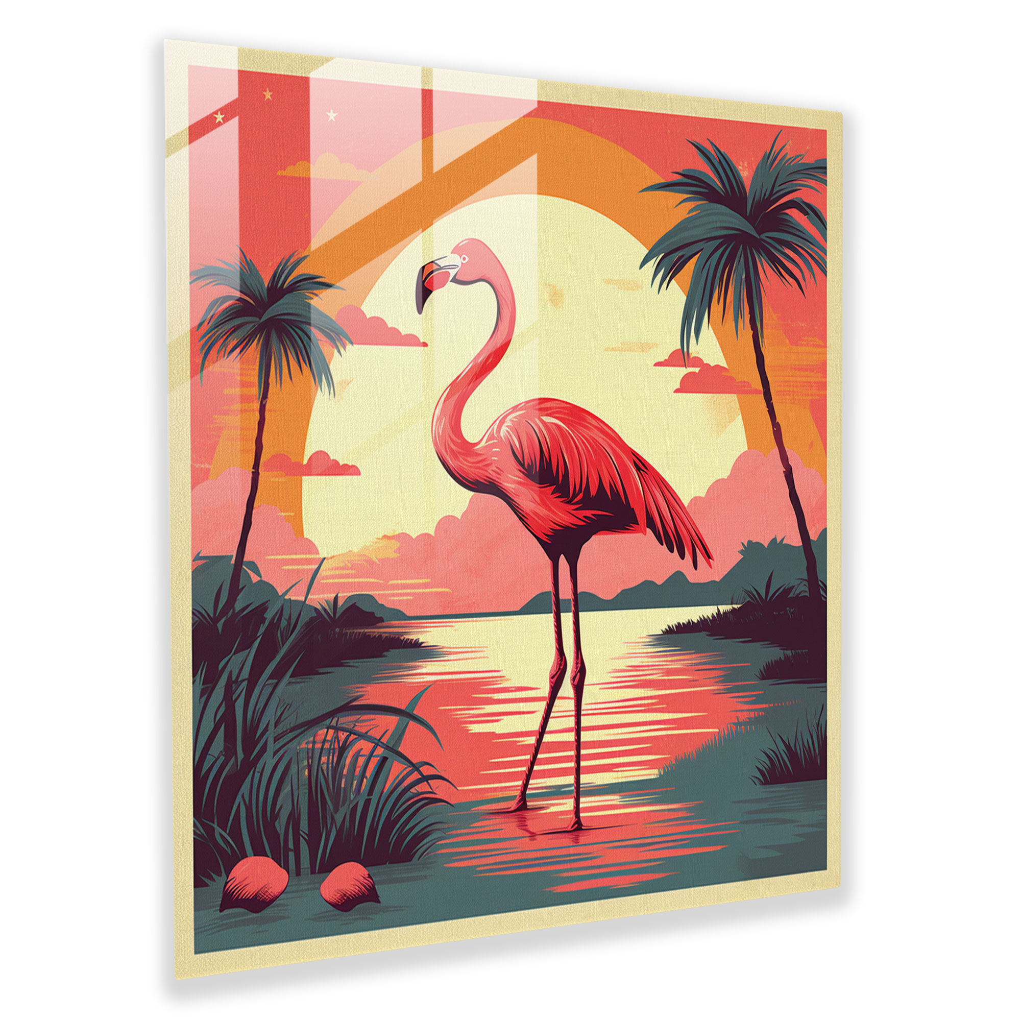 Flamingo Glass Print - Retro Travel Poster - Flamingo, Nostalgic, Vintage Poster, Modern Art