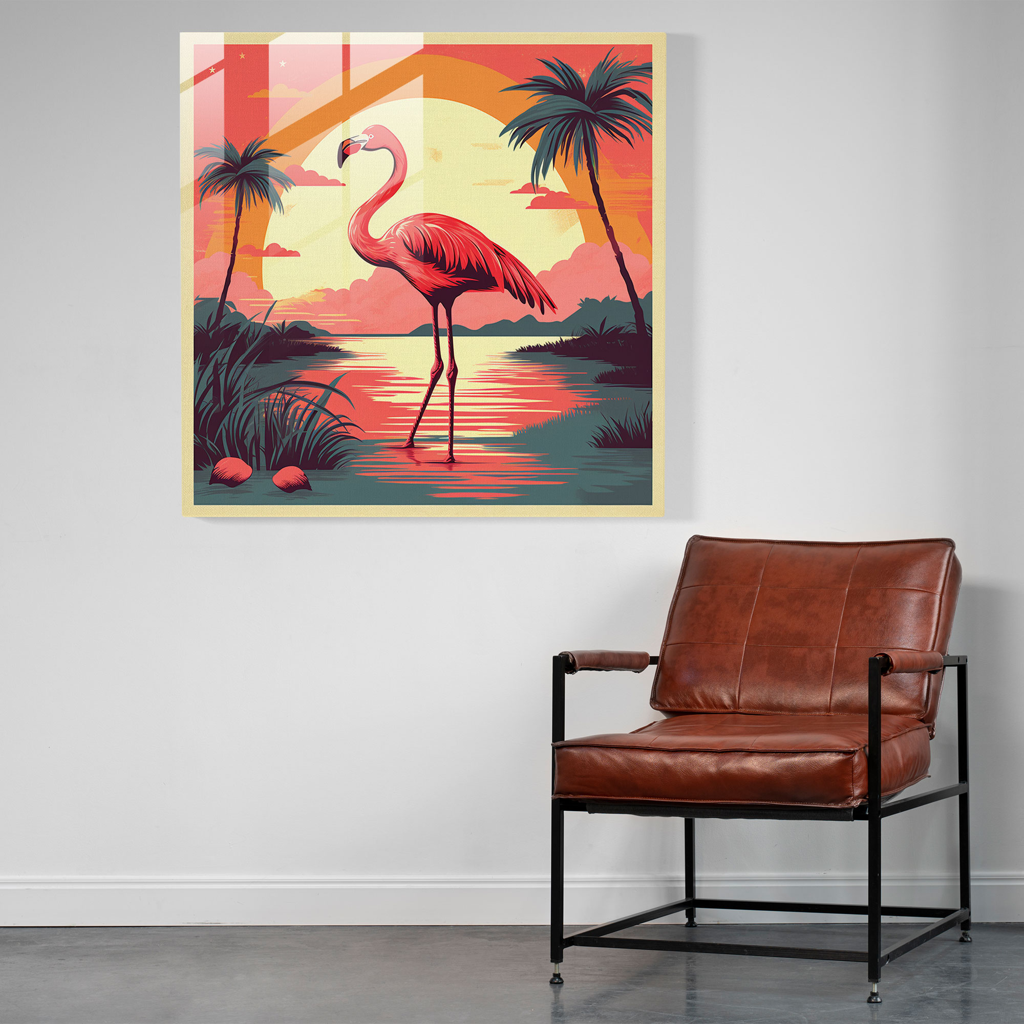 Flamingo Glass Print - Retro Travel Poster - Flamingo, Nostalgic, Vintage Poster, Modern Art