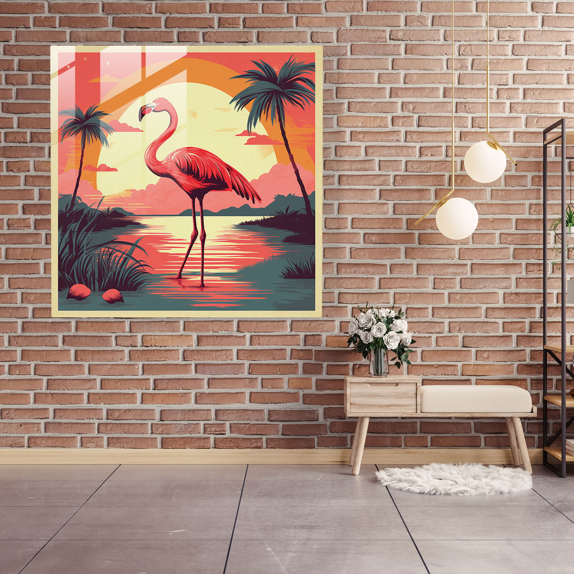 Flamingo Glass Print - Retro Travel Poster - Flamingo, Nostalgic, Vintage Poster, Modern Art