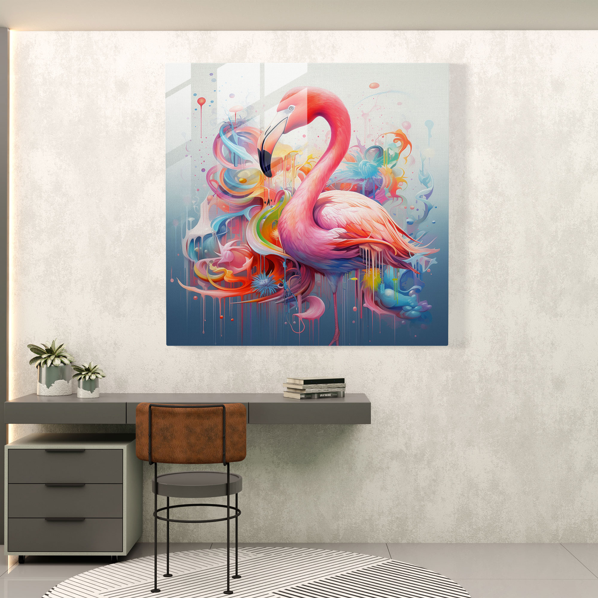 Sürreal Rüya Manzaralı Flamingo Cam Tablo - Soyut Unsurlar Cam Duvar Sanatı