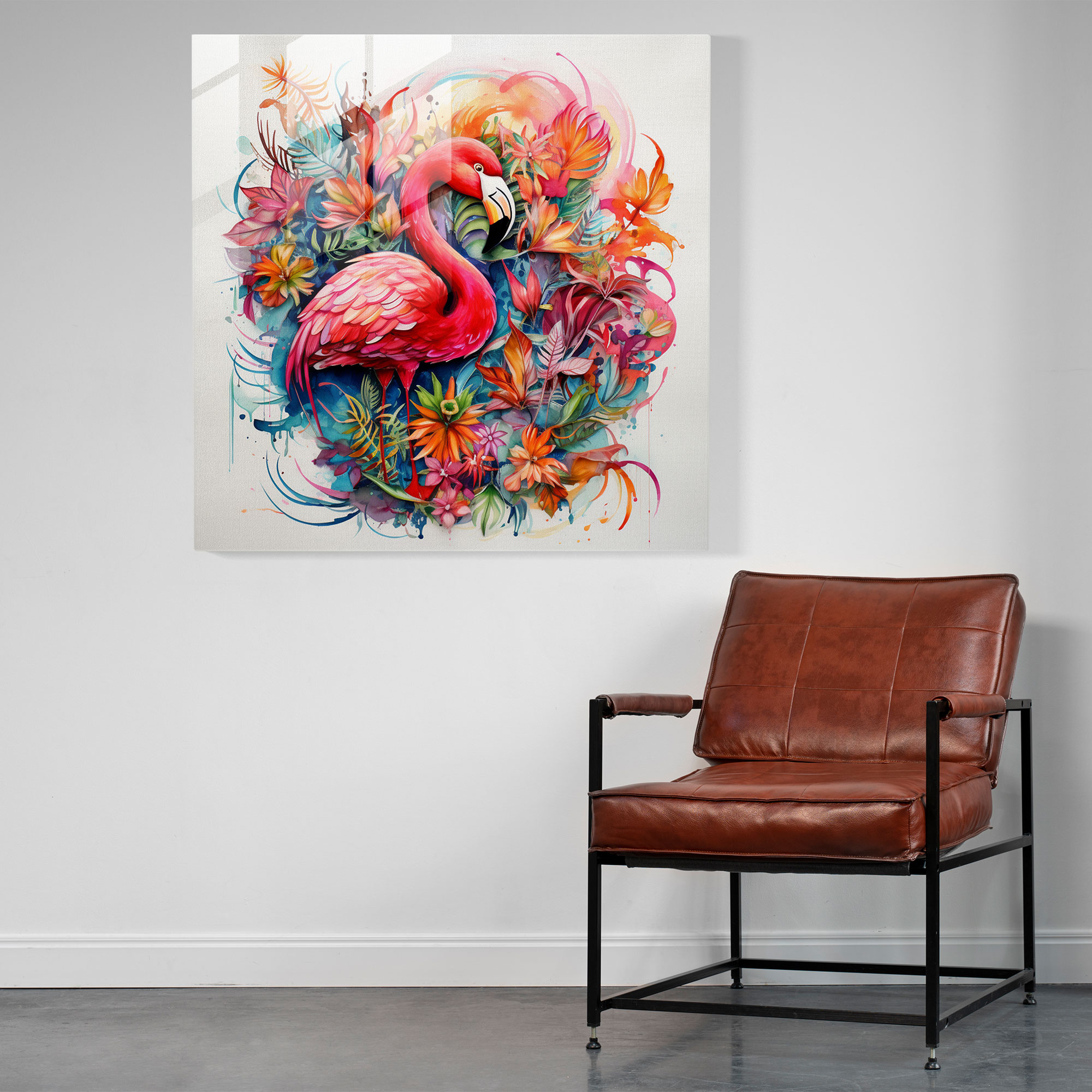 Flamingo Cenneti Cam Tablo - Flamingo Cam Tablo Tropikal Çiçekler Cam Duvar Sanatı