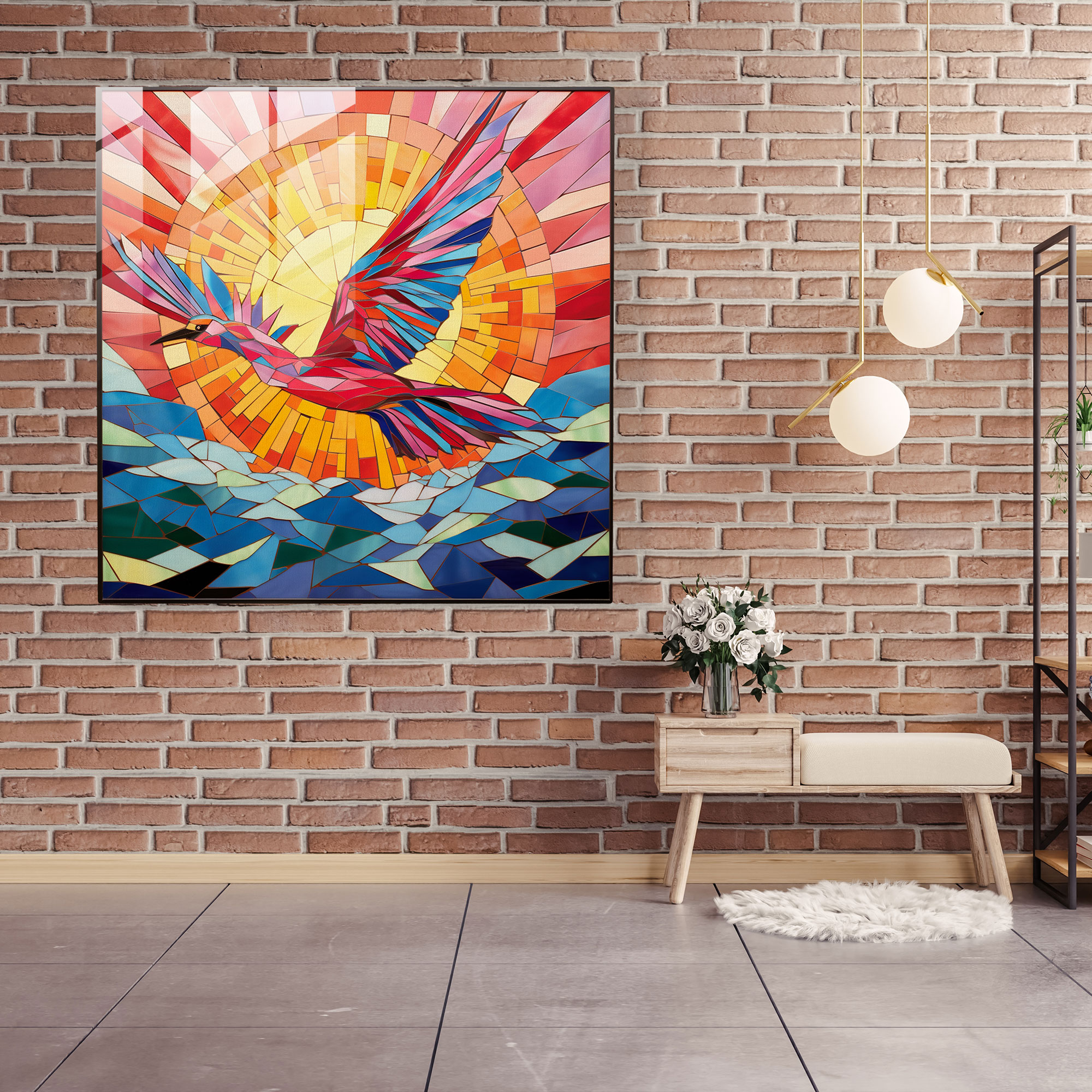 Asılı Flamingo Cam Sanatı - Modern Sanat Mozaik Ev Dekorasyonu