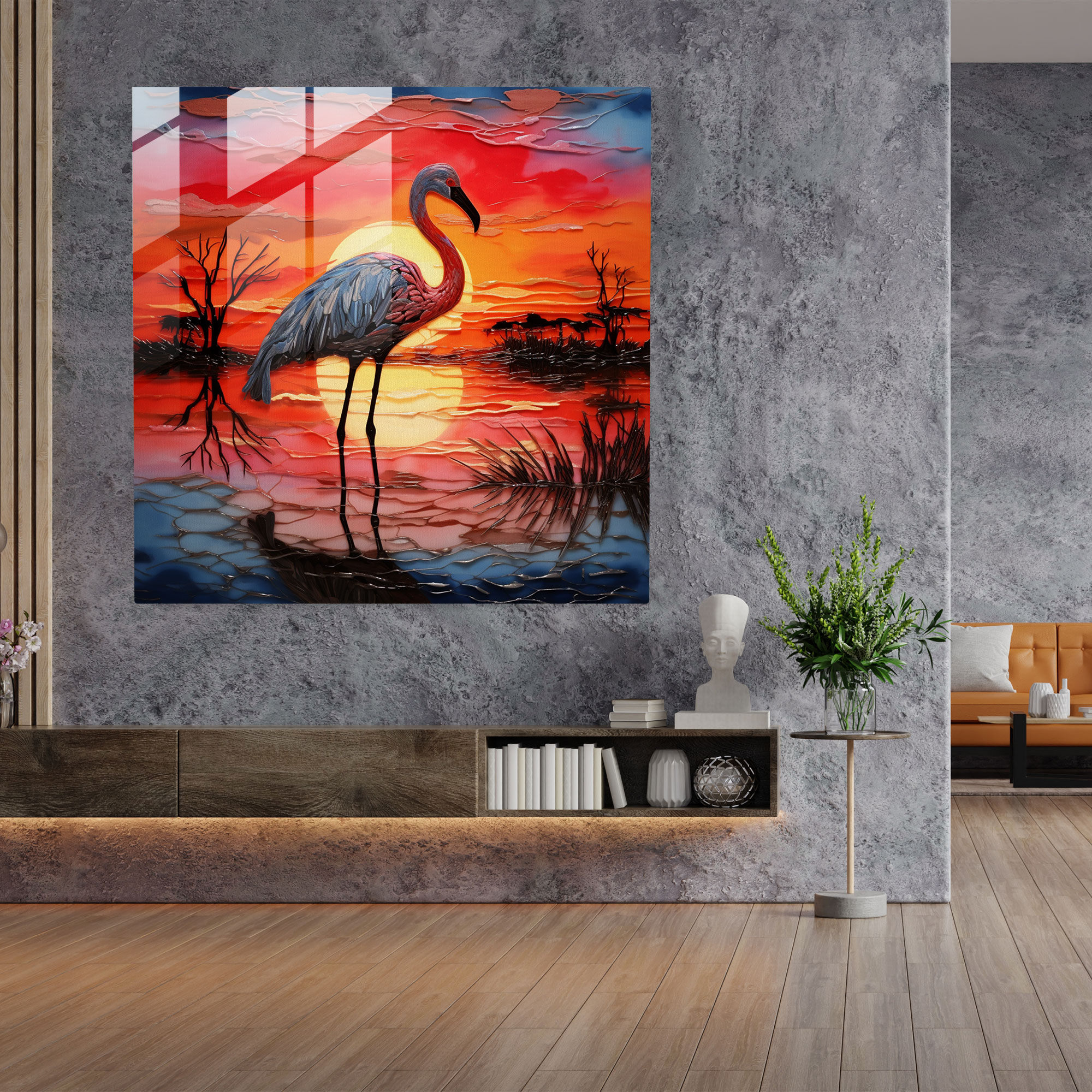 Flamingo Silhouette Glass Print - Flamingo, Glass Art, Graceful, Flamingo