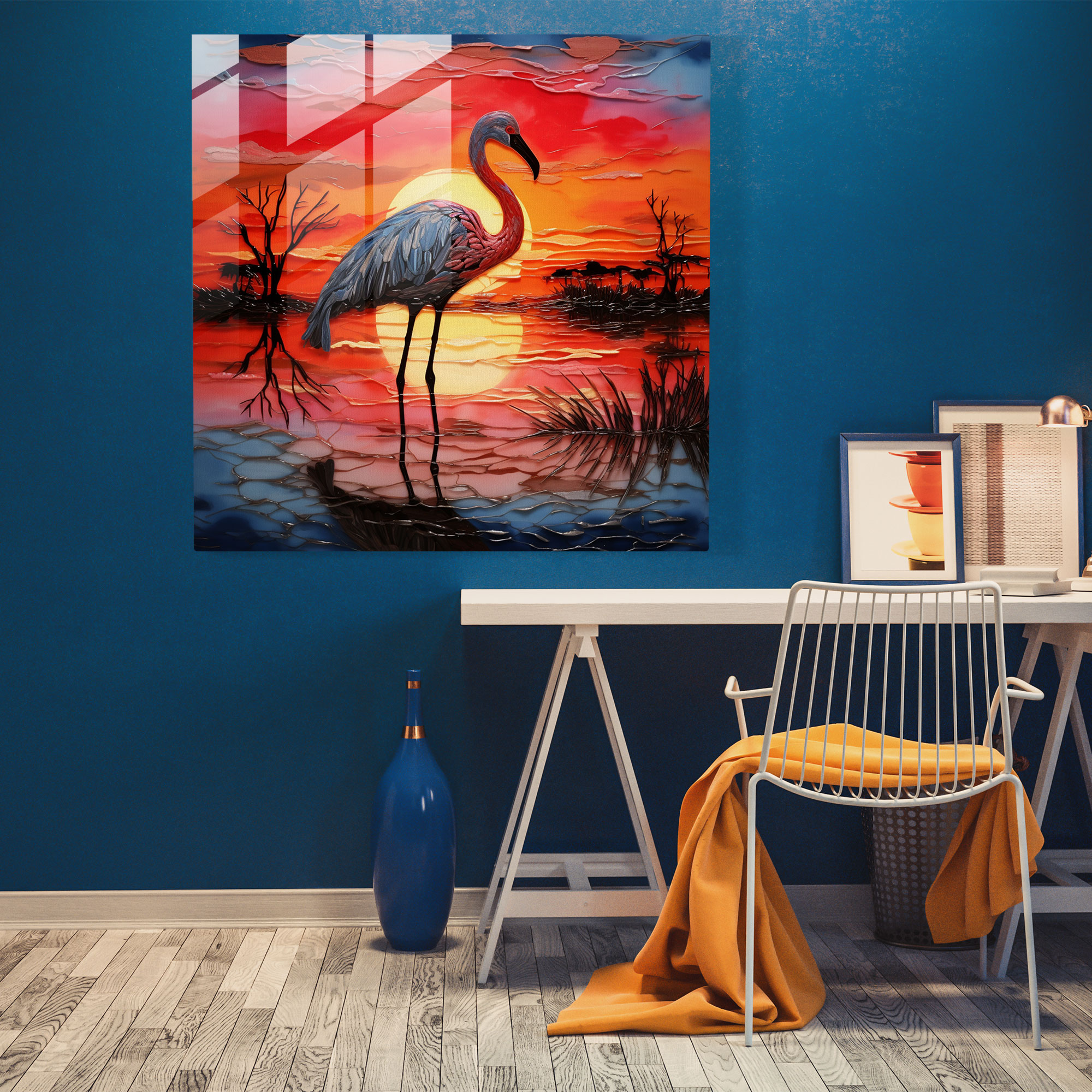 Flamingo Silhouette Glass Print - Flamingo, Glass Art, Graceful, Flamingo