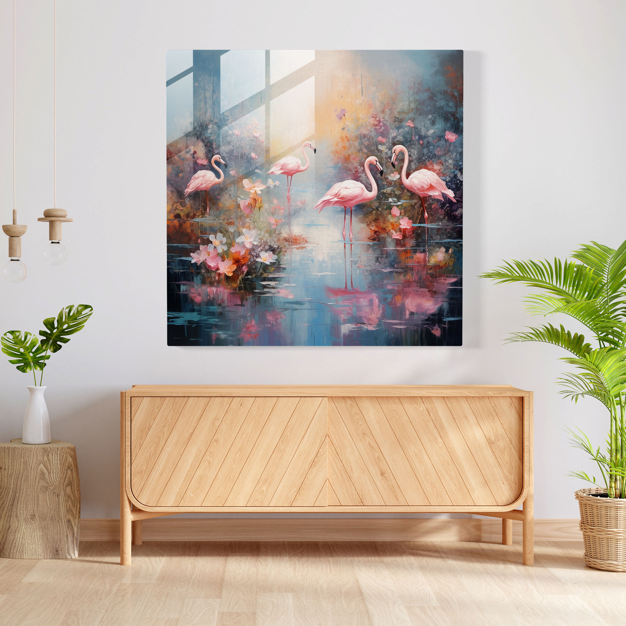 Flamingo Dreams Glass Print - Flamingo, Floating Flamingos, Impressionist Painting, Wall Decoration