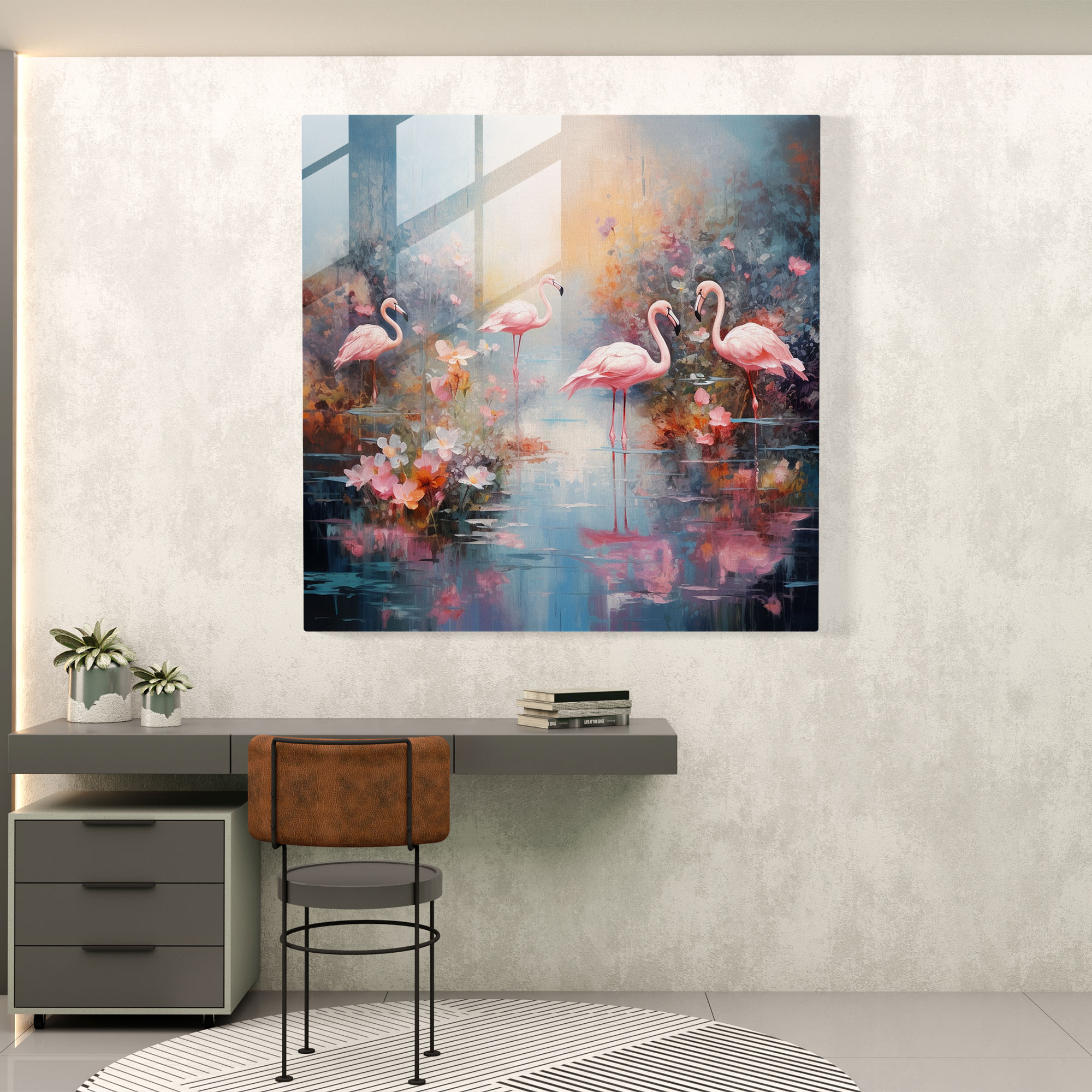 Flamingo Dreams Glass Print - Flamingo, Floating Flamingos, Impressionist Painting, Wall Decoration
