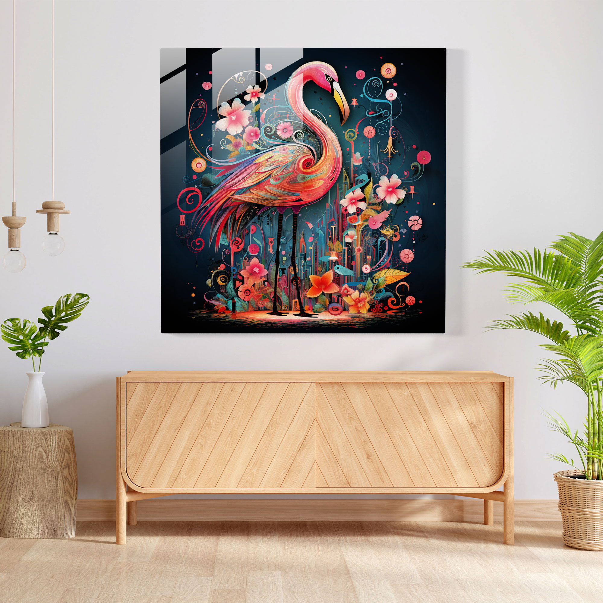 Whimsical Flamingo Glass Print - Flamingo, Whimsical, Home Decoration, Glass Print