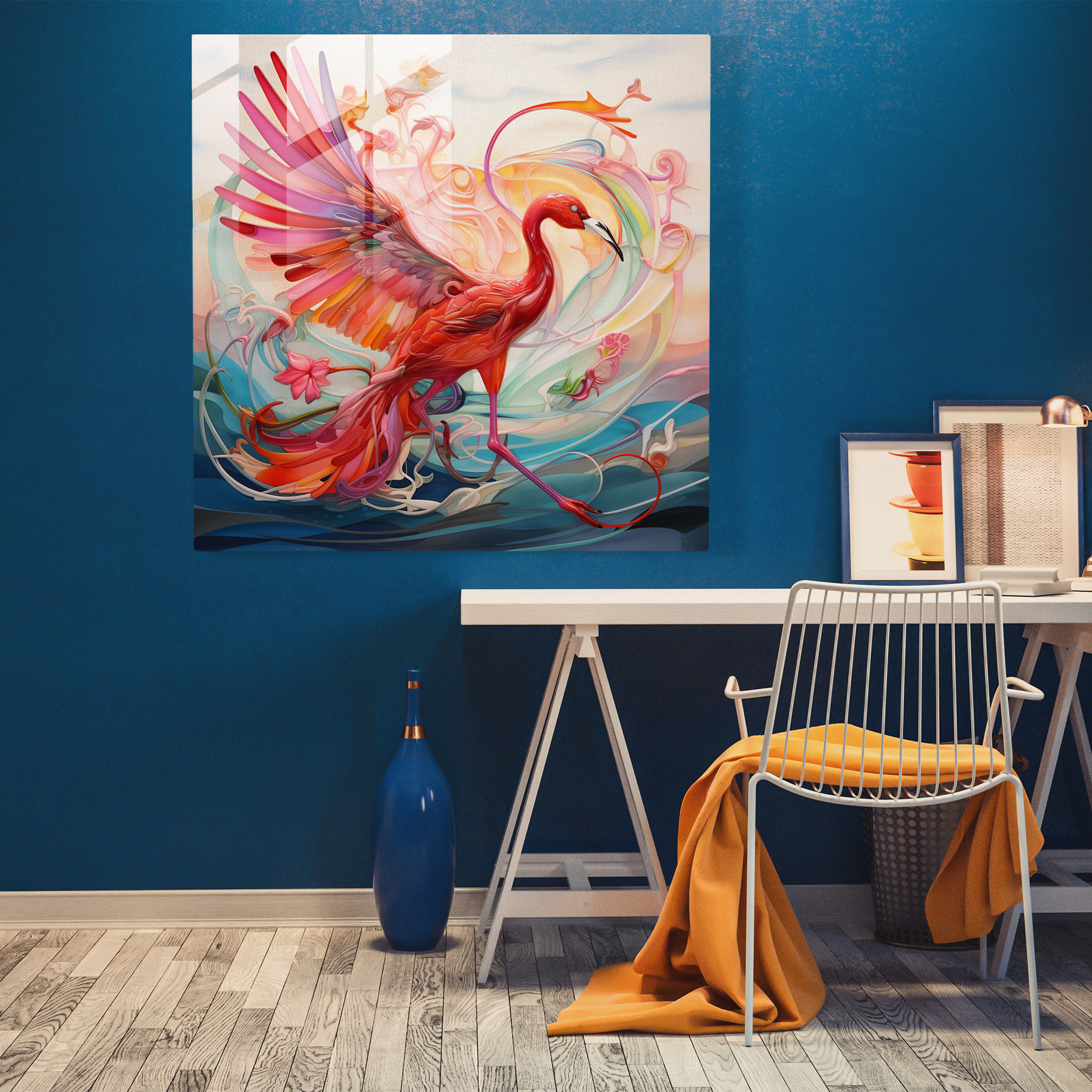 Surreal Flamingo Glass Print - Flamingo, Flamingo, Soaring, Modern Art
