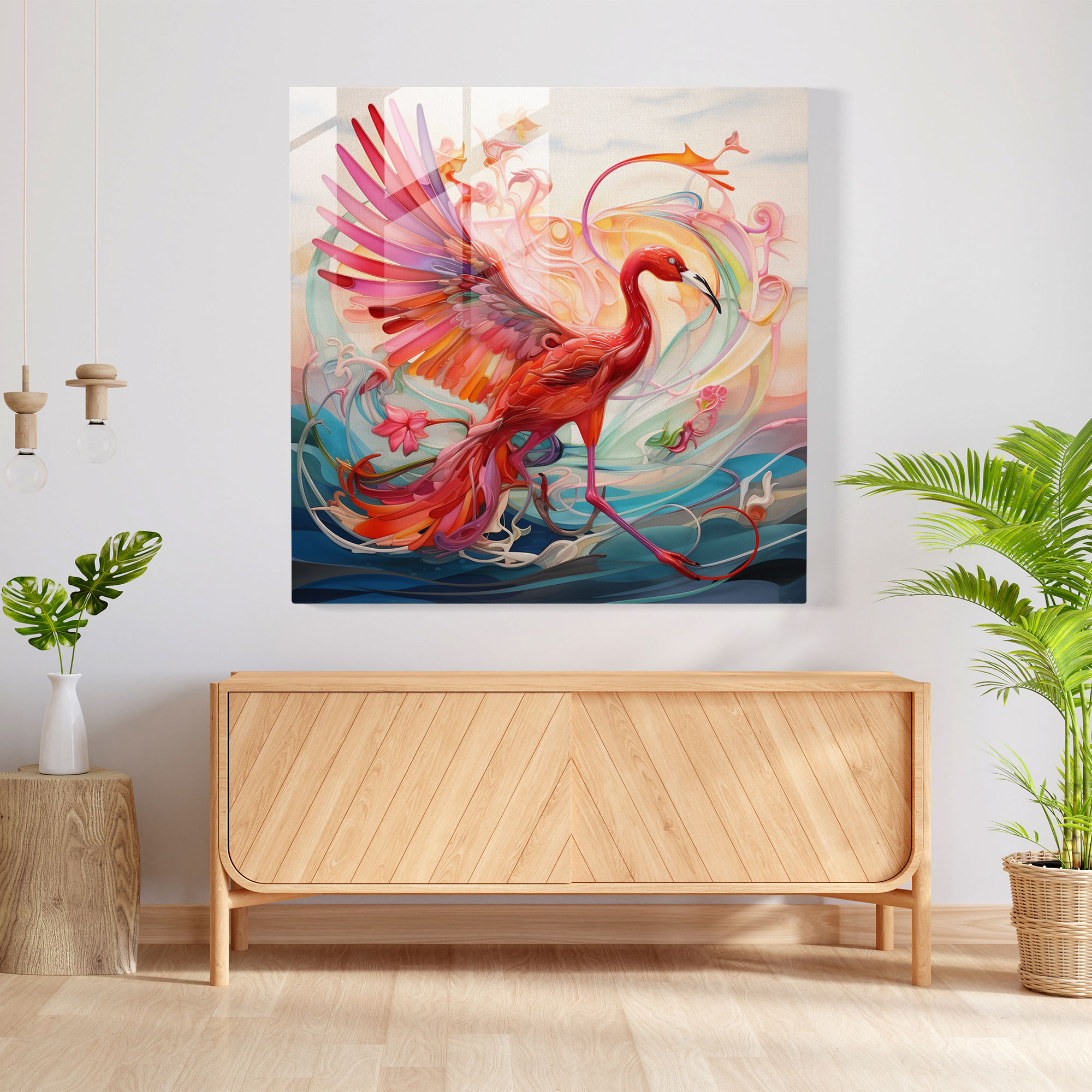Surreal Flamingo Glass Print - Flamingo, Flamingo, Soaring, Modern Art