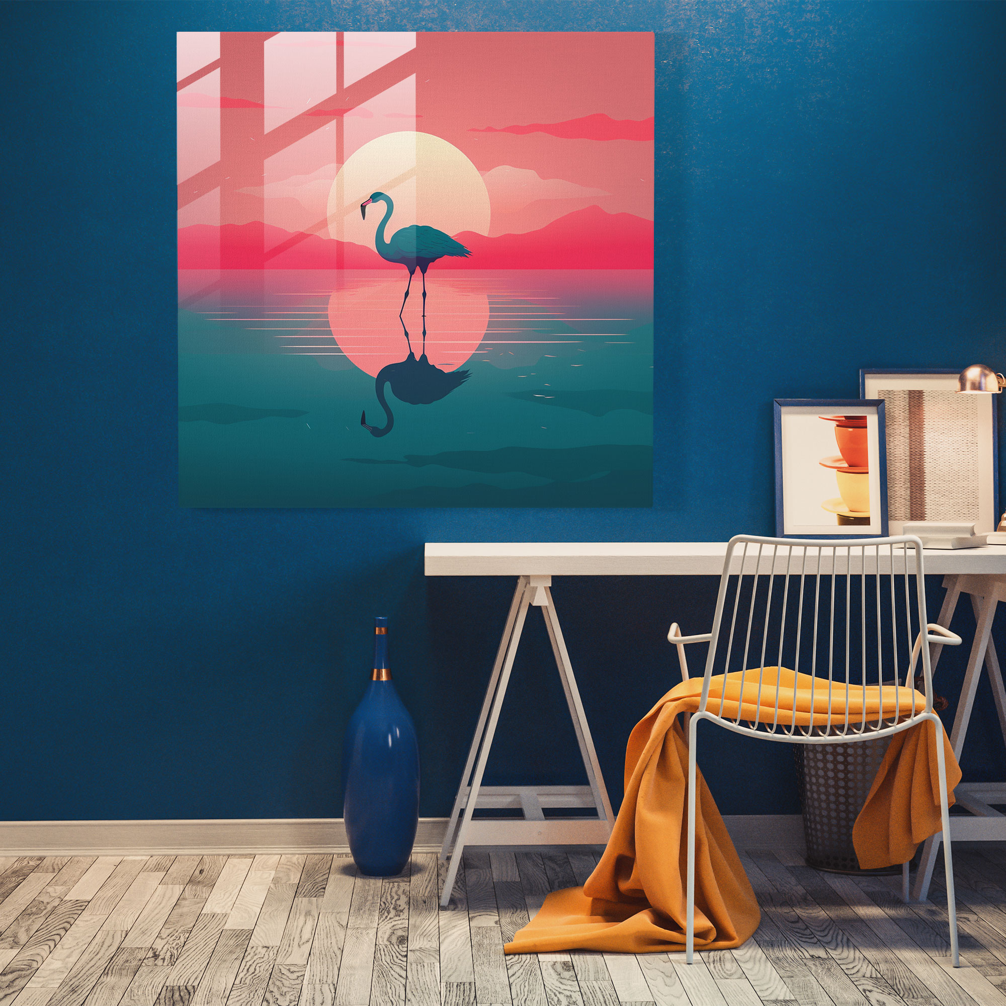 Minimalist Flamingo Cam Tablosu - Flamingo Renkli Günbatımı Şık Duvar Dekorasyonu
