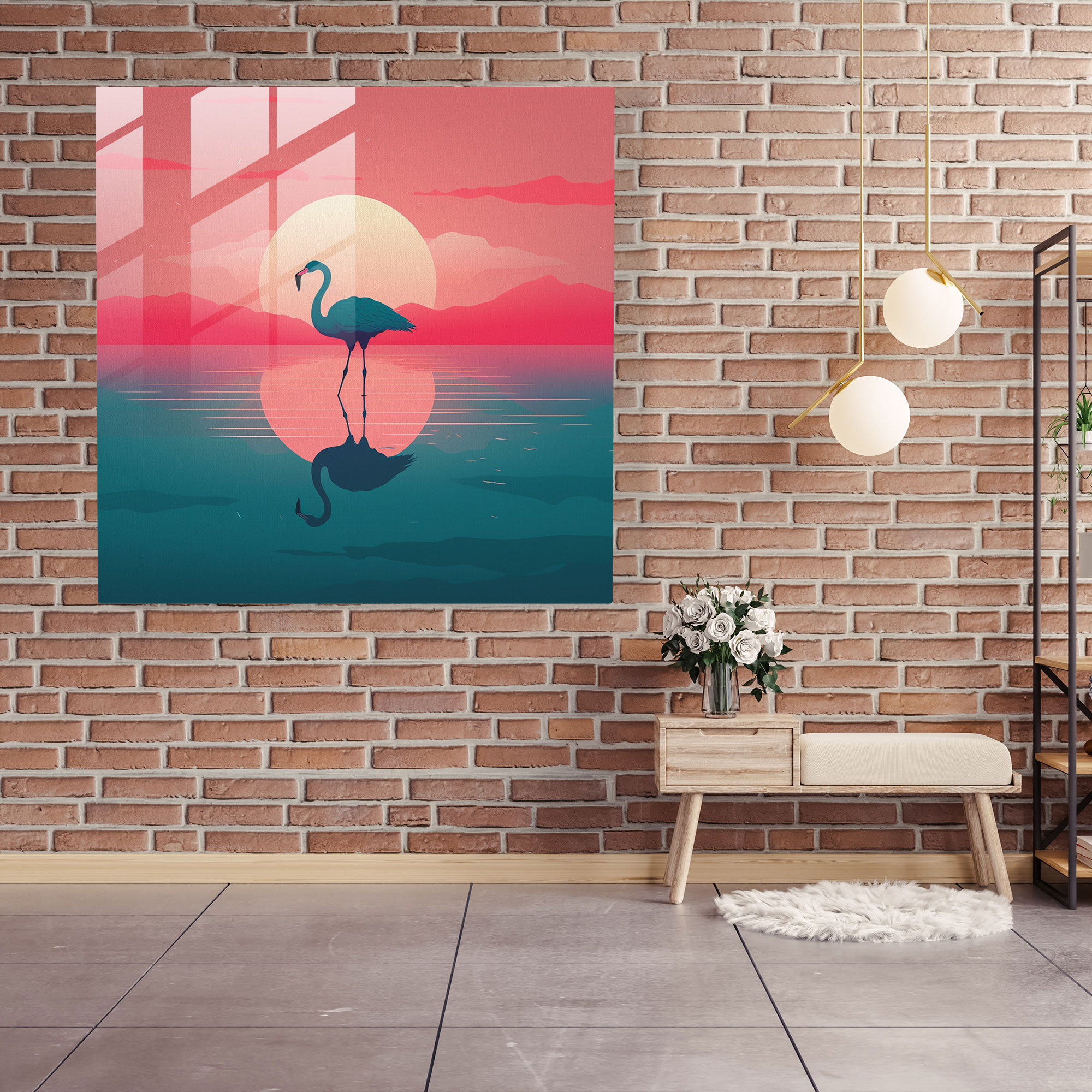 Minimalist Flamingo Cam Tablosu - Flamingo Renkli Günbatımı Şık Duvar Dekorasyonu
