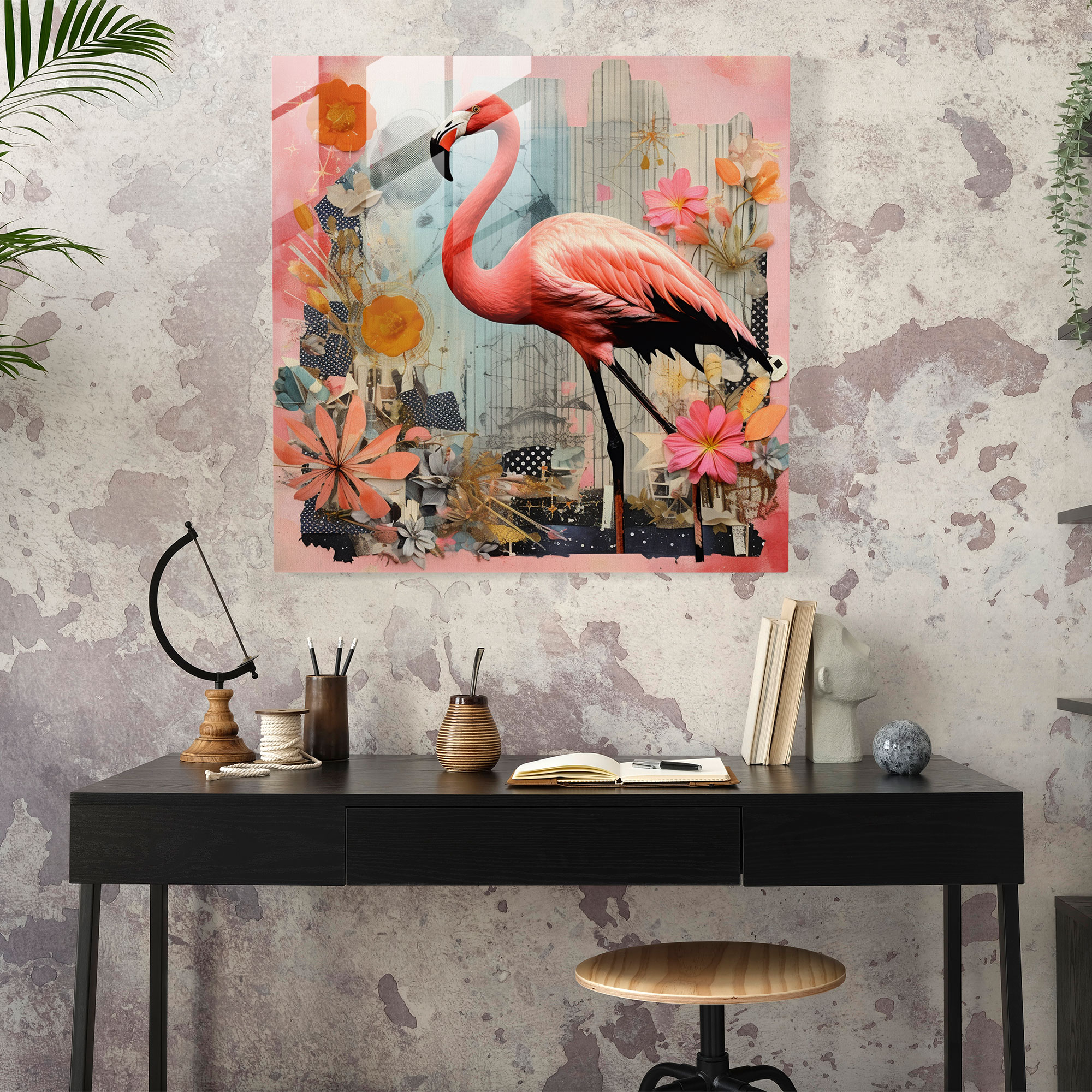 Retro Flamingo Glass Print - Flamingo, Glass Art, Home Decoration, Glass Print