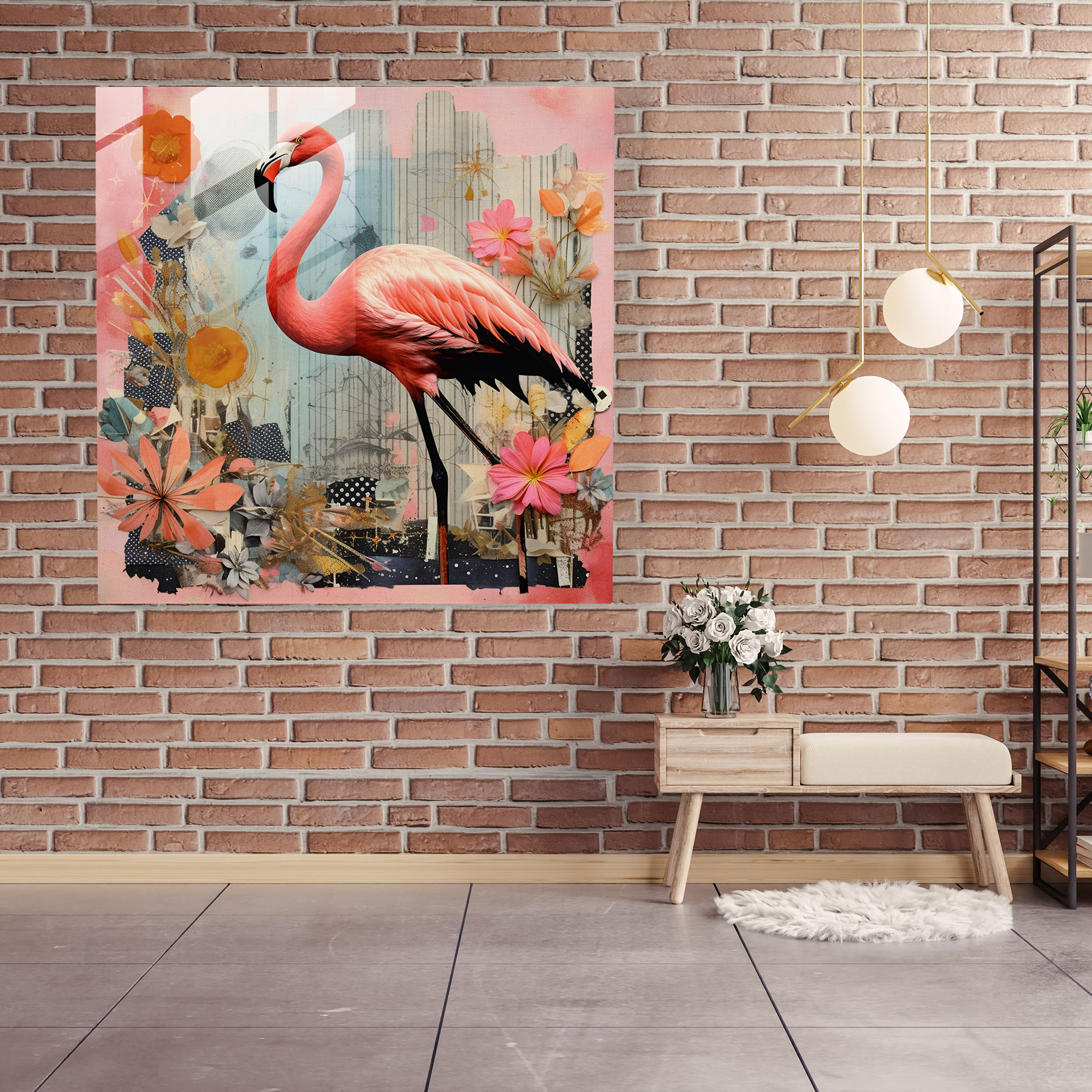 Retro Flamingo Glass Print - Flamingo, Glass Art, Home Decoration, Glass Print