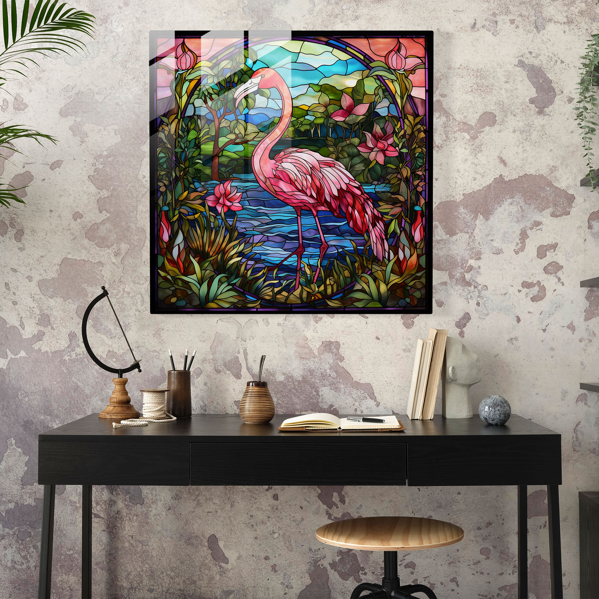 Flamingo Paradise Glass Print - Flamingo, Glass Print, Art Nouveau, Flamingo