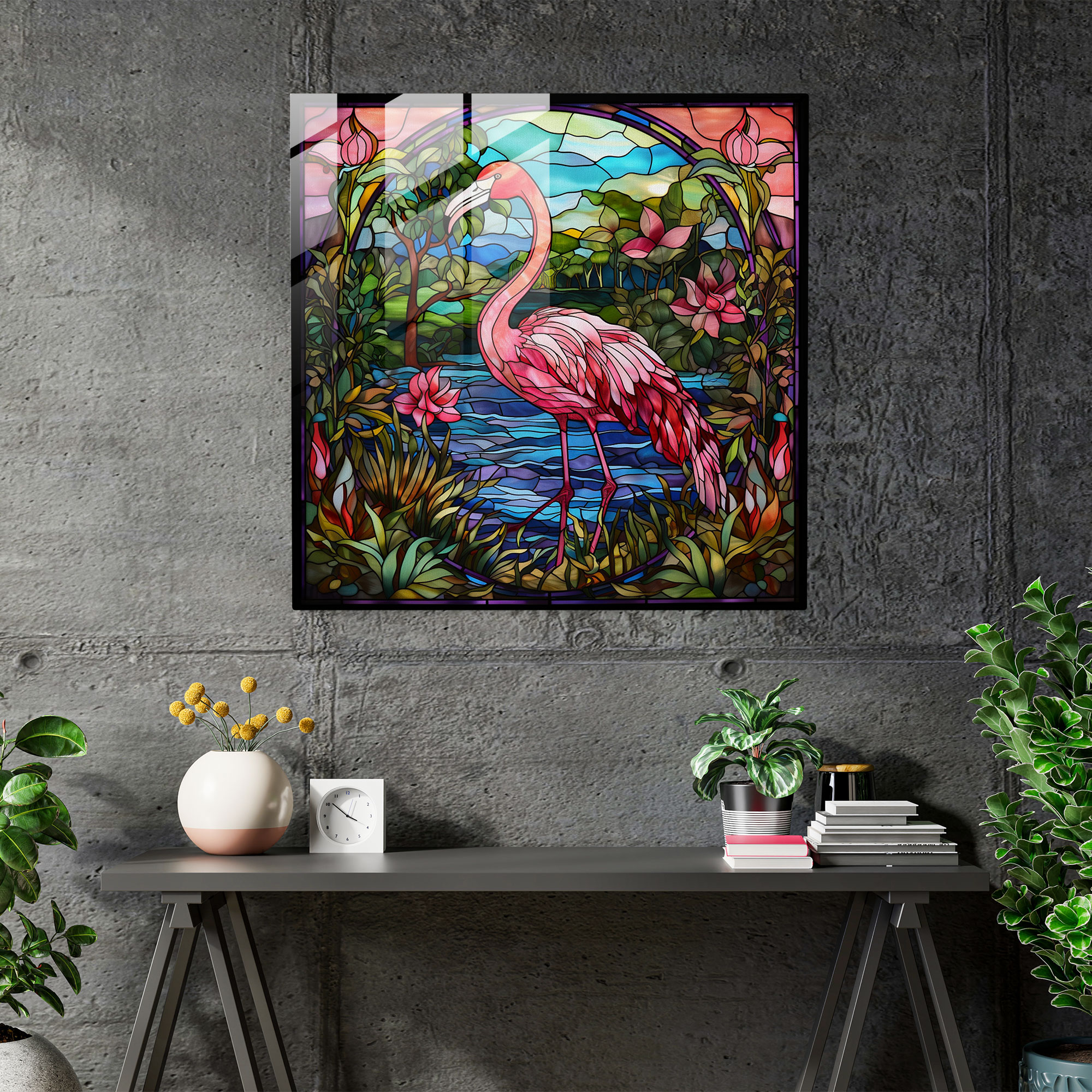 Flamingo Paradise Glass Print - Flamingo, Glass Print, Art Nouveau, Flamingo