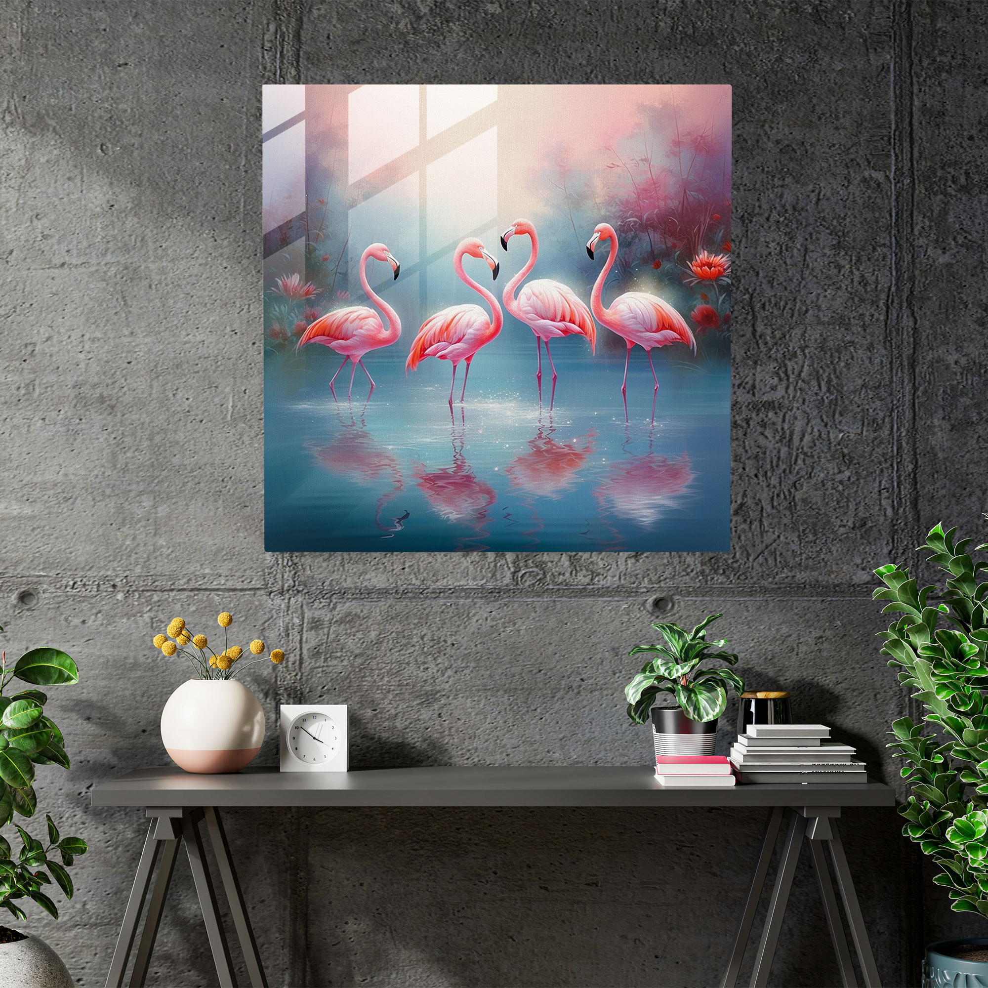 Flamingo Paradise Glass Print - Flamingo, Exquisite, Elegant, Glass Wall Art