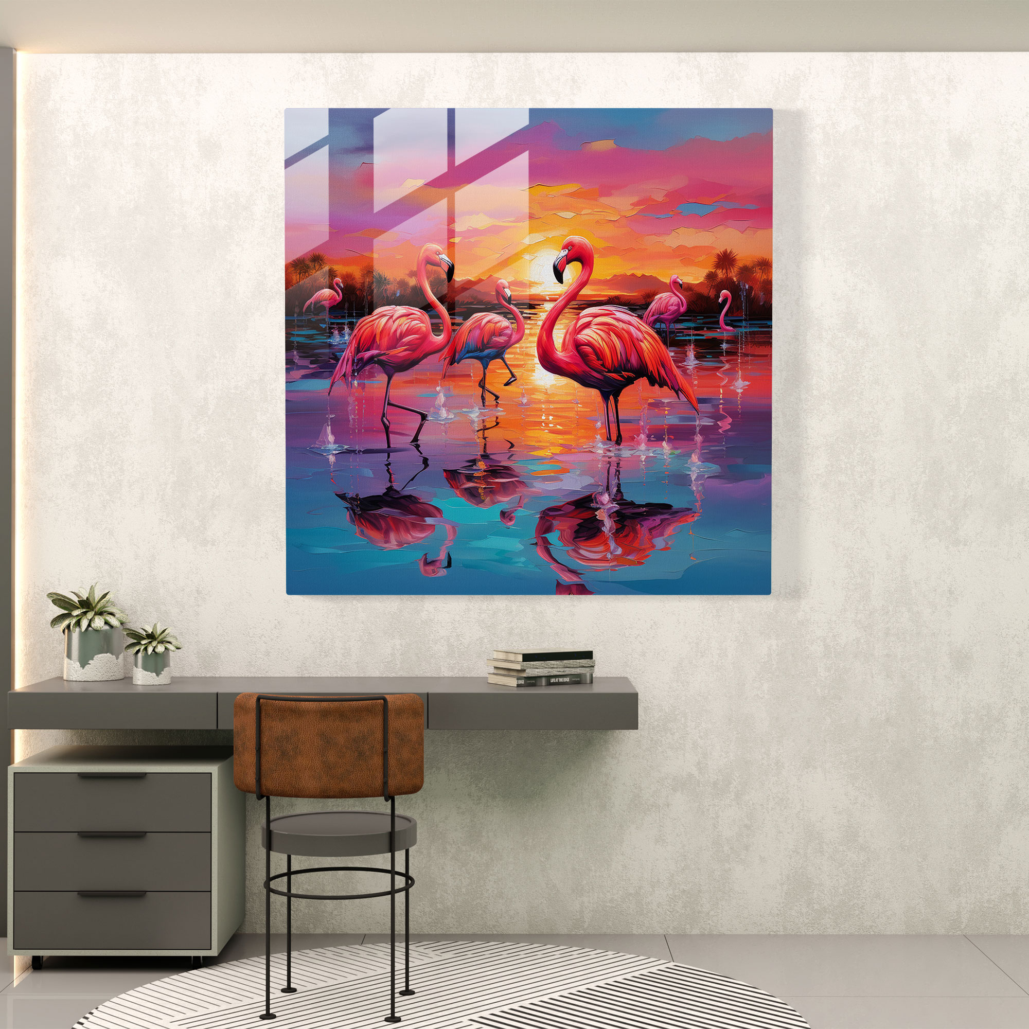 Flamingo Sunset Glass Print - Flamingo, Wall Decoration, Home Decoration, Modern Art