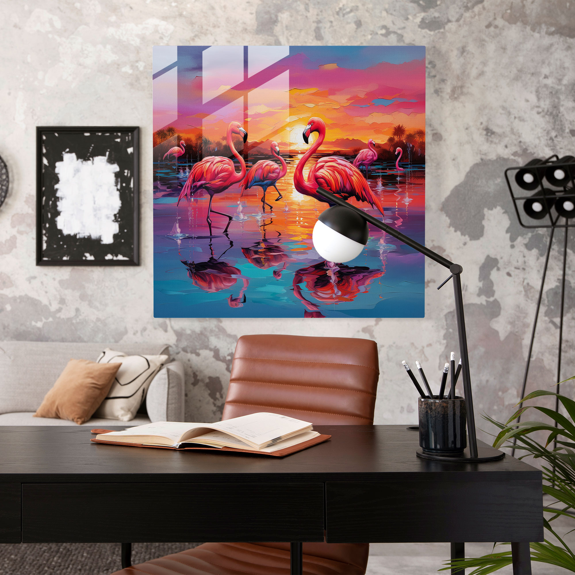 Flamingo Sunset Glass Print - Flamingo, Wall Decoration, Home Decoration, Modern Art