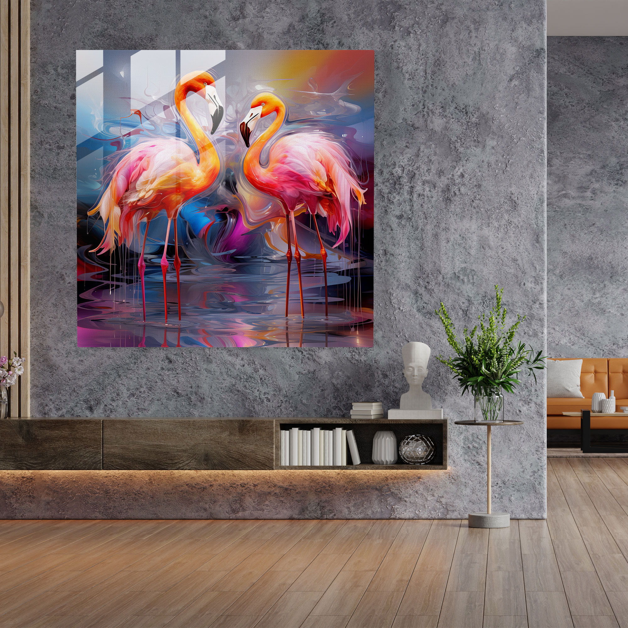 Abstract Flamingo Glass Print - Flamingo, Sophisticated, Flamingo, Glass Wall Art