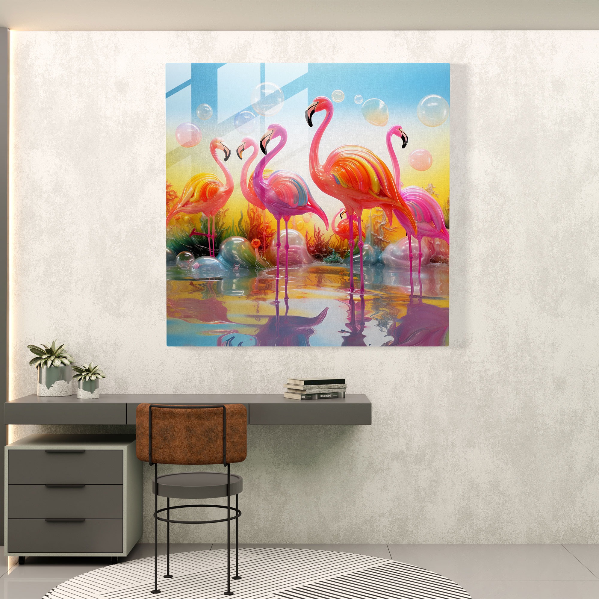 Capcanlı Flamingo Cam Tablo - Duvar Dekorasyonu Modern Sanat