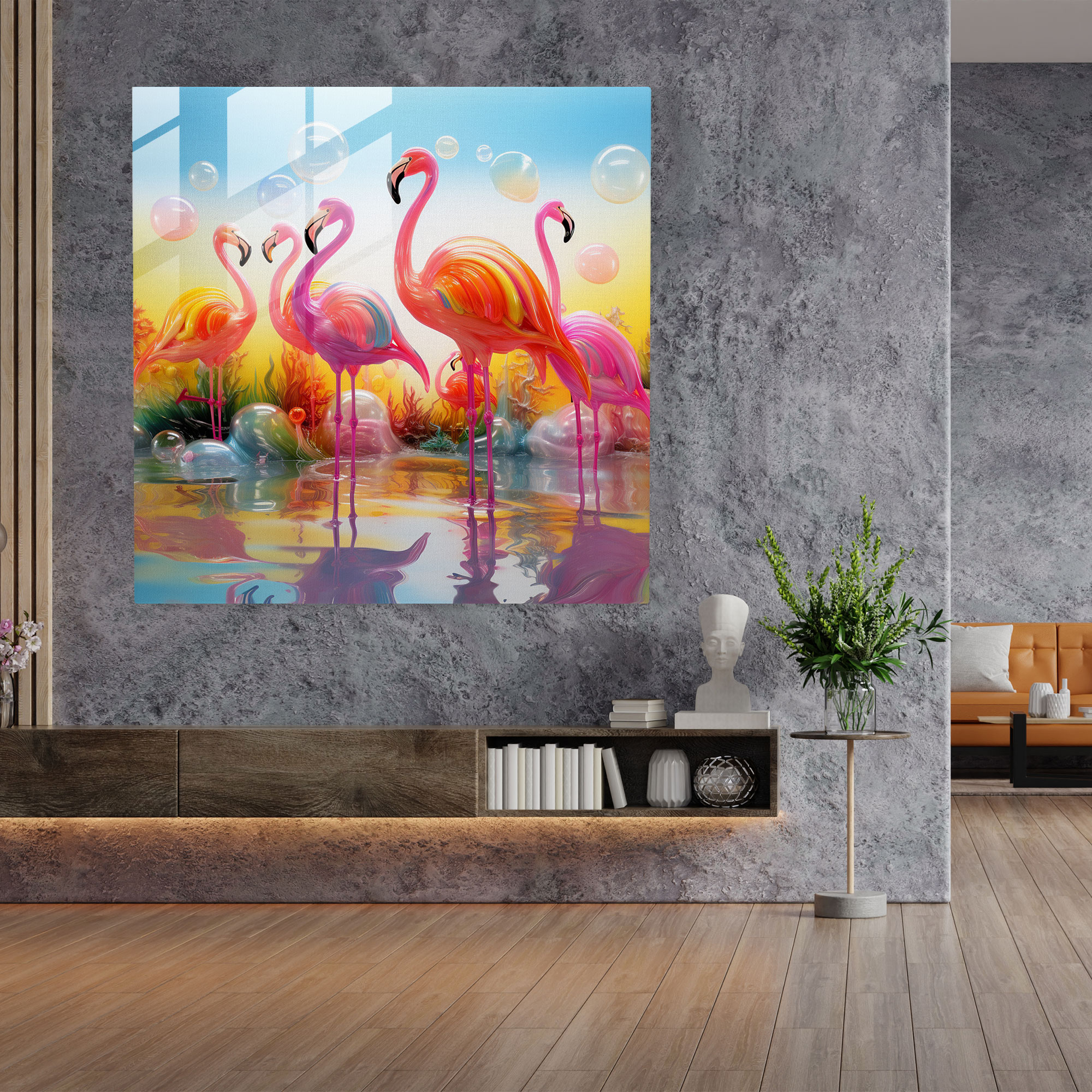 Capcanlı Flamingo Cam Tablo - Duvar Dekorasyonu Modern Sanat