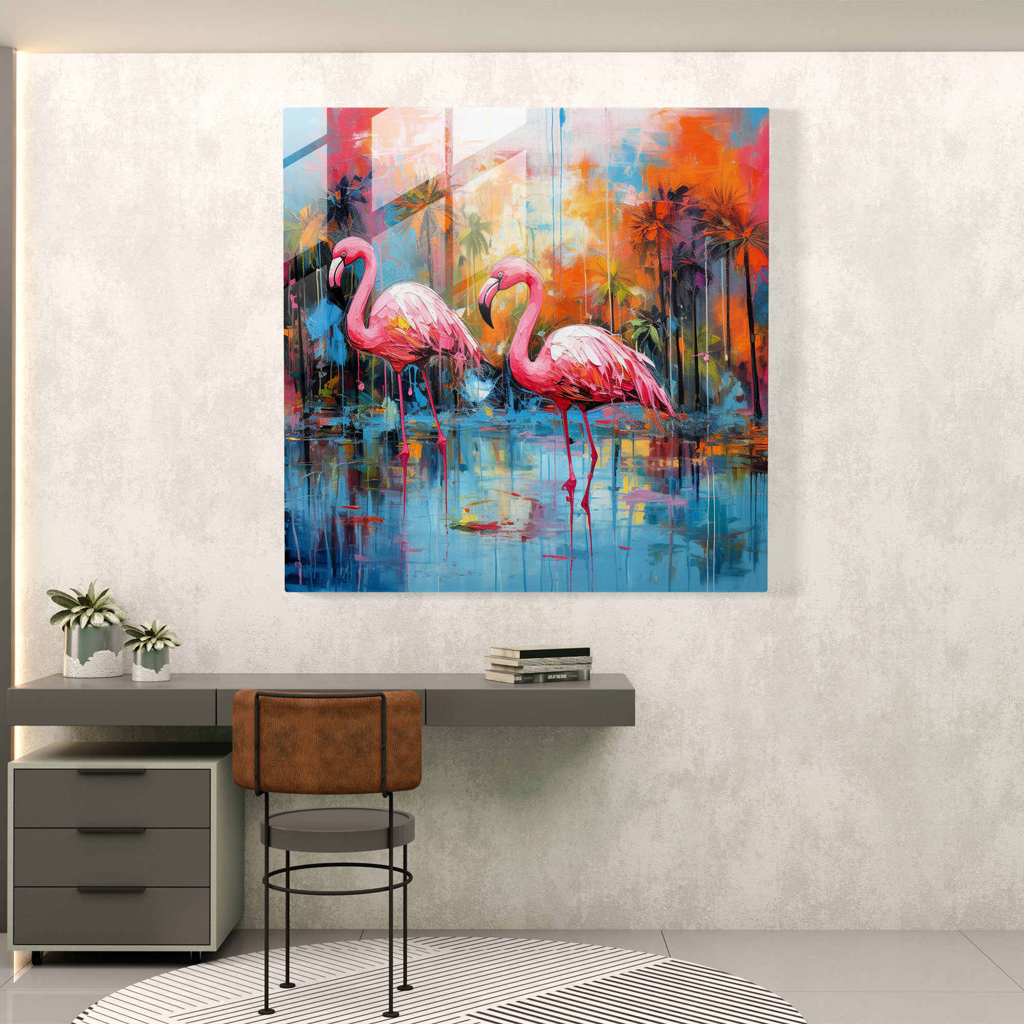 Flamingo Paradise Glass Print - Flamingo, Wall Decoration, Modern Art, Glass Art
