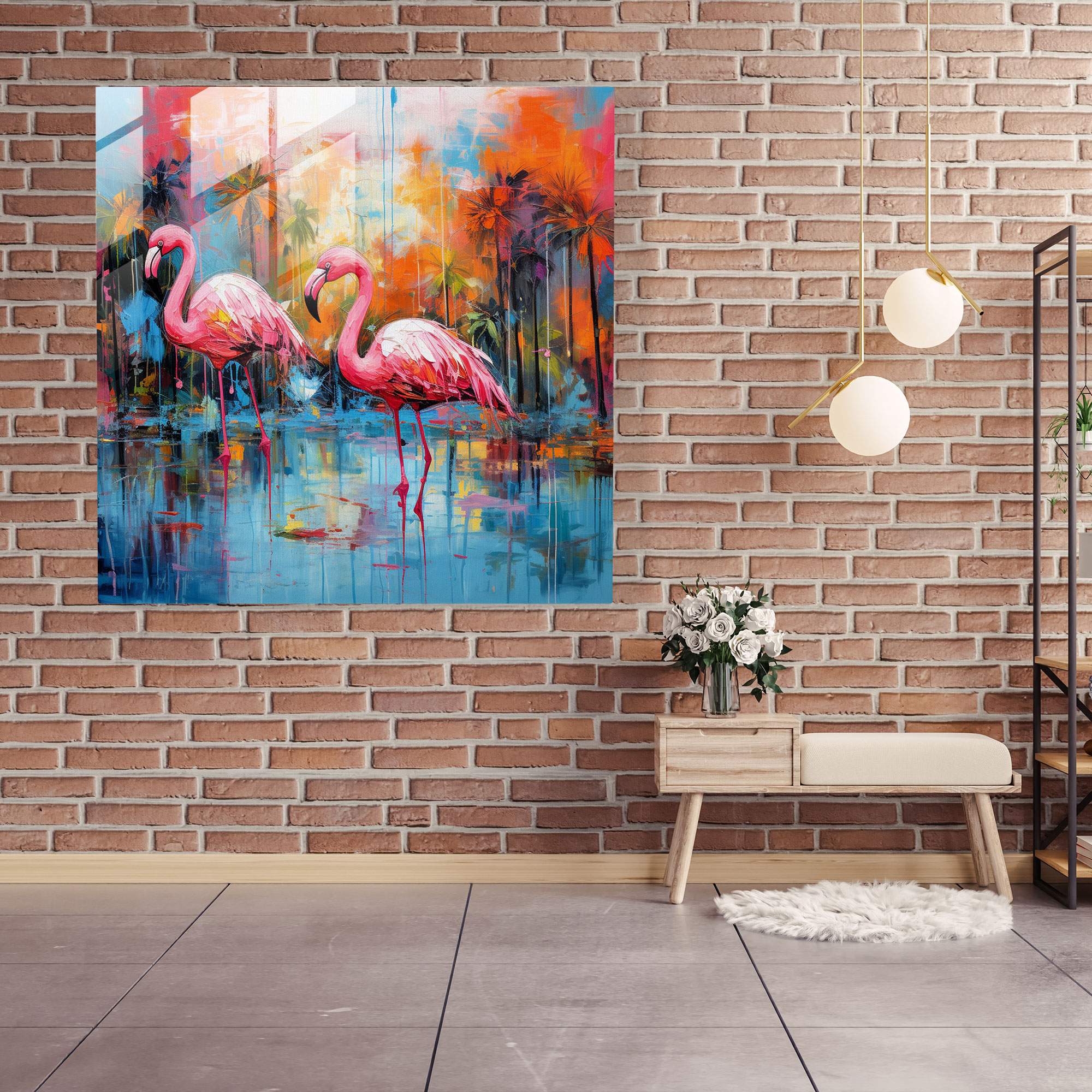 Flamingo Paradise Glass Print - Flamingo, Wall Decoration, Modern Art, Glass Art