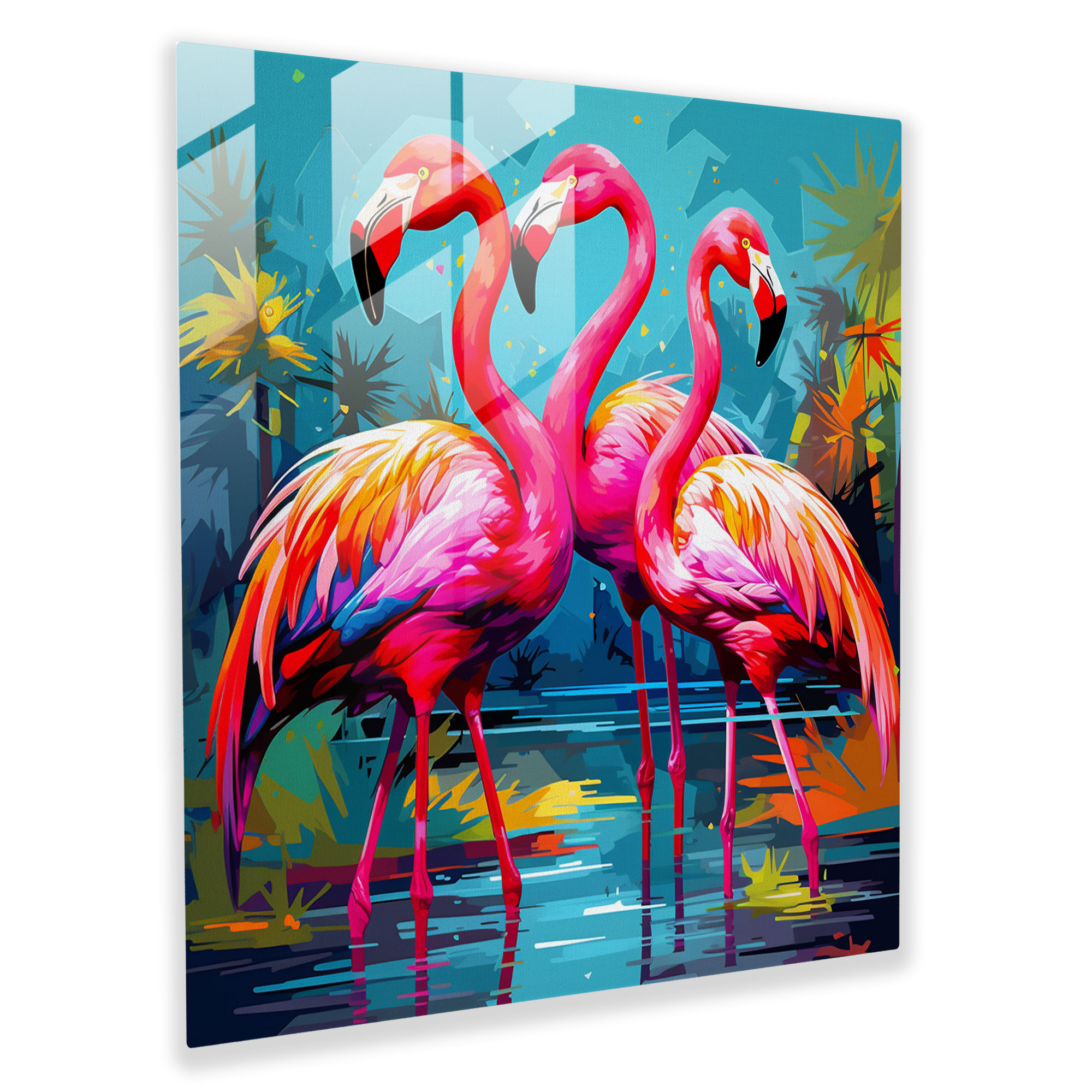 Playful Flamingo Pop Art Glass Print - Flamingo, Wall Decoration, Glass Art, Playful Arrangement