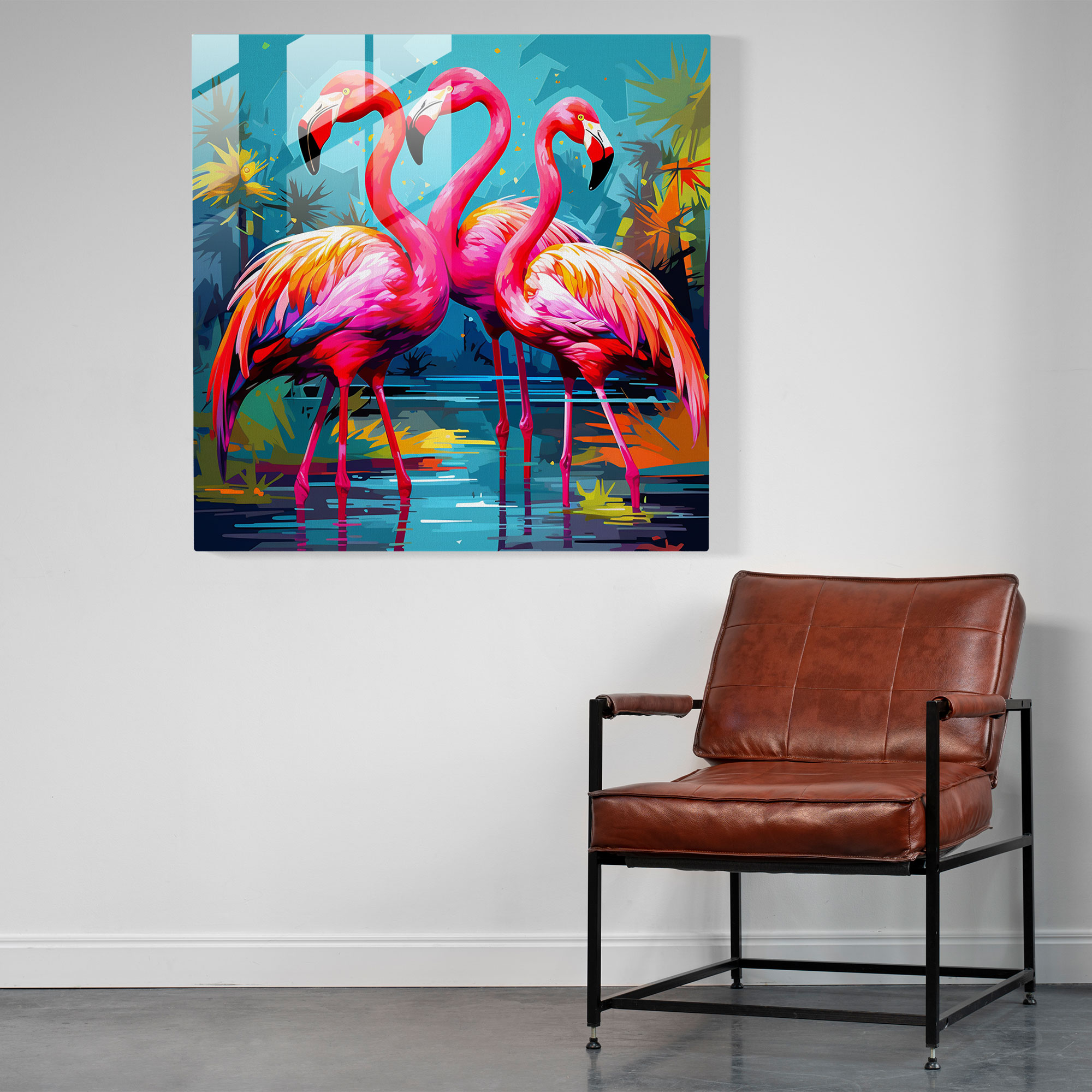 Playful Flamingo Pop Art Glass Print - Flamingo, Wall Decoration, Glass Art, Playful Arrangement