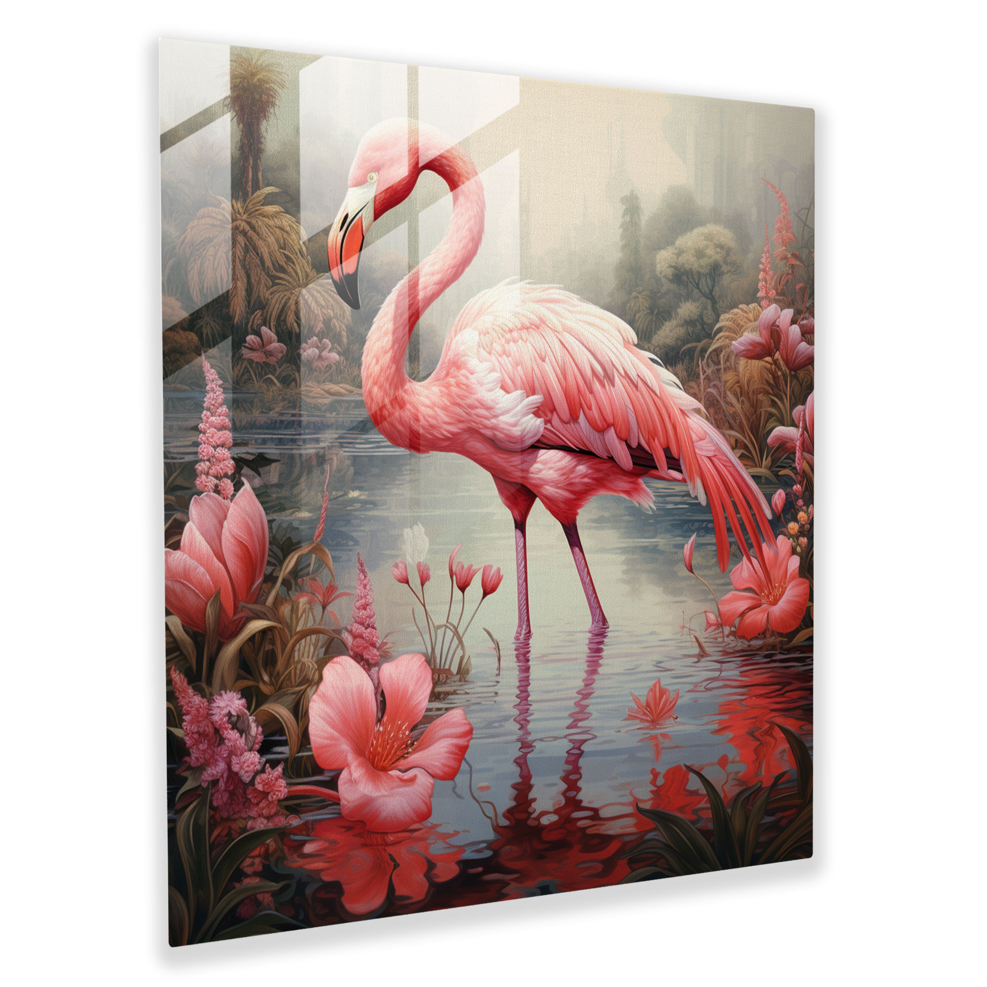 Tranquil Pond Flamingo Glass Print - Flamingo, Tranquil Pond, Home Decoration, Glass Wall Art