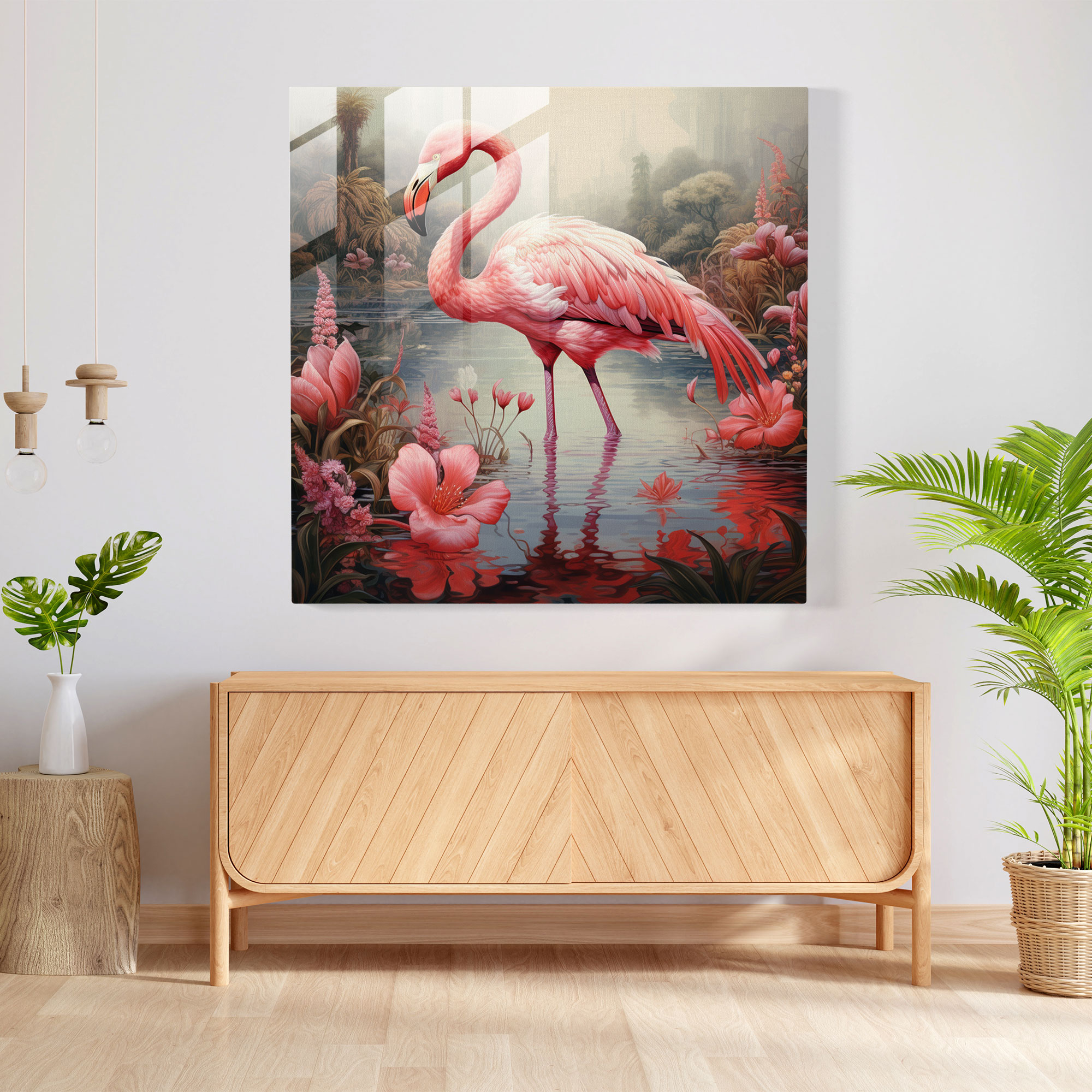 Tranquil Pond Flamingo Glass Print - Flamingo, Tranquil Pond, Home Decoration, Glass Wall Art