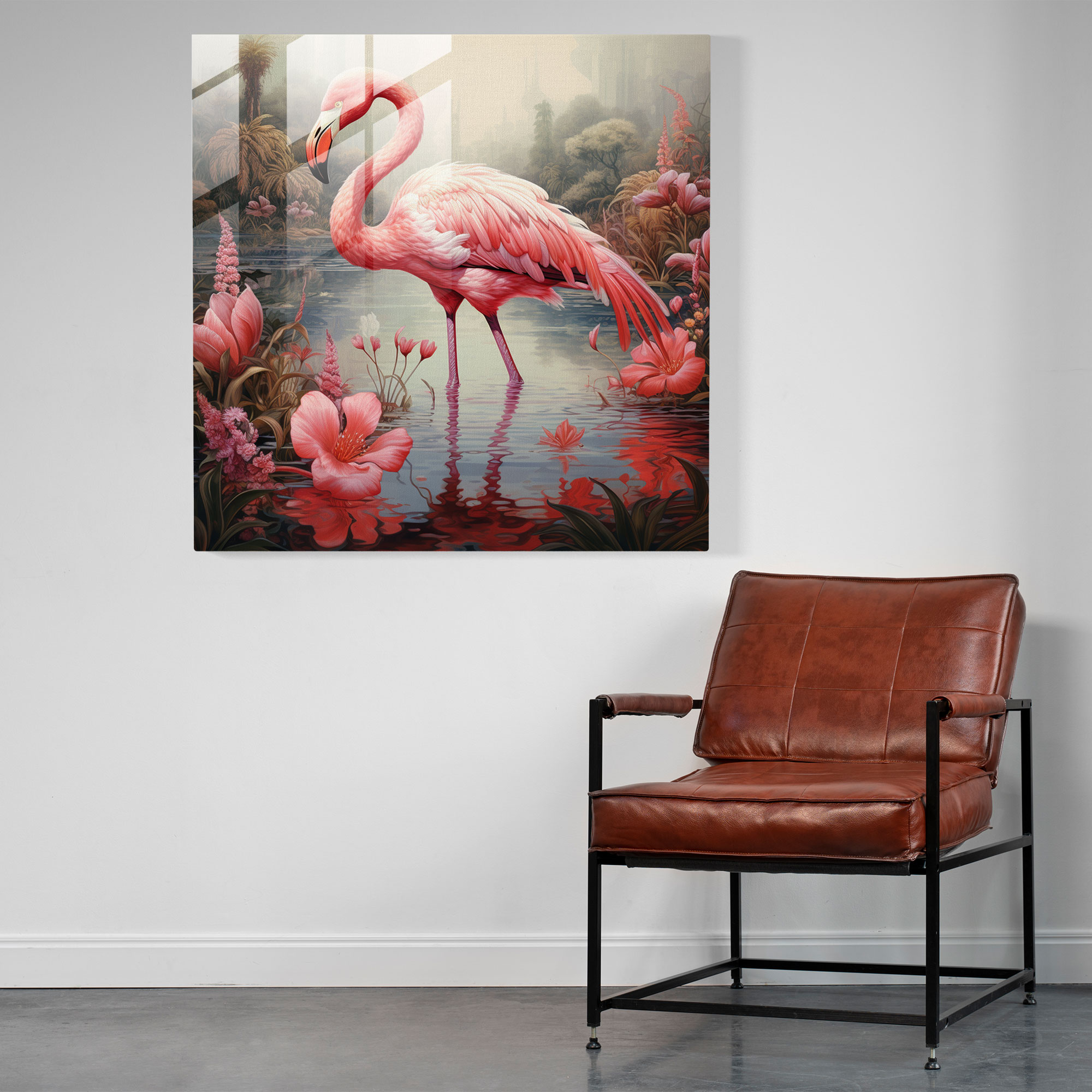 Tranquil Pond Flamingo Glass Print - Flamingo, Tranquil Pond, Home Decoration, Glass Wall Art