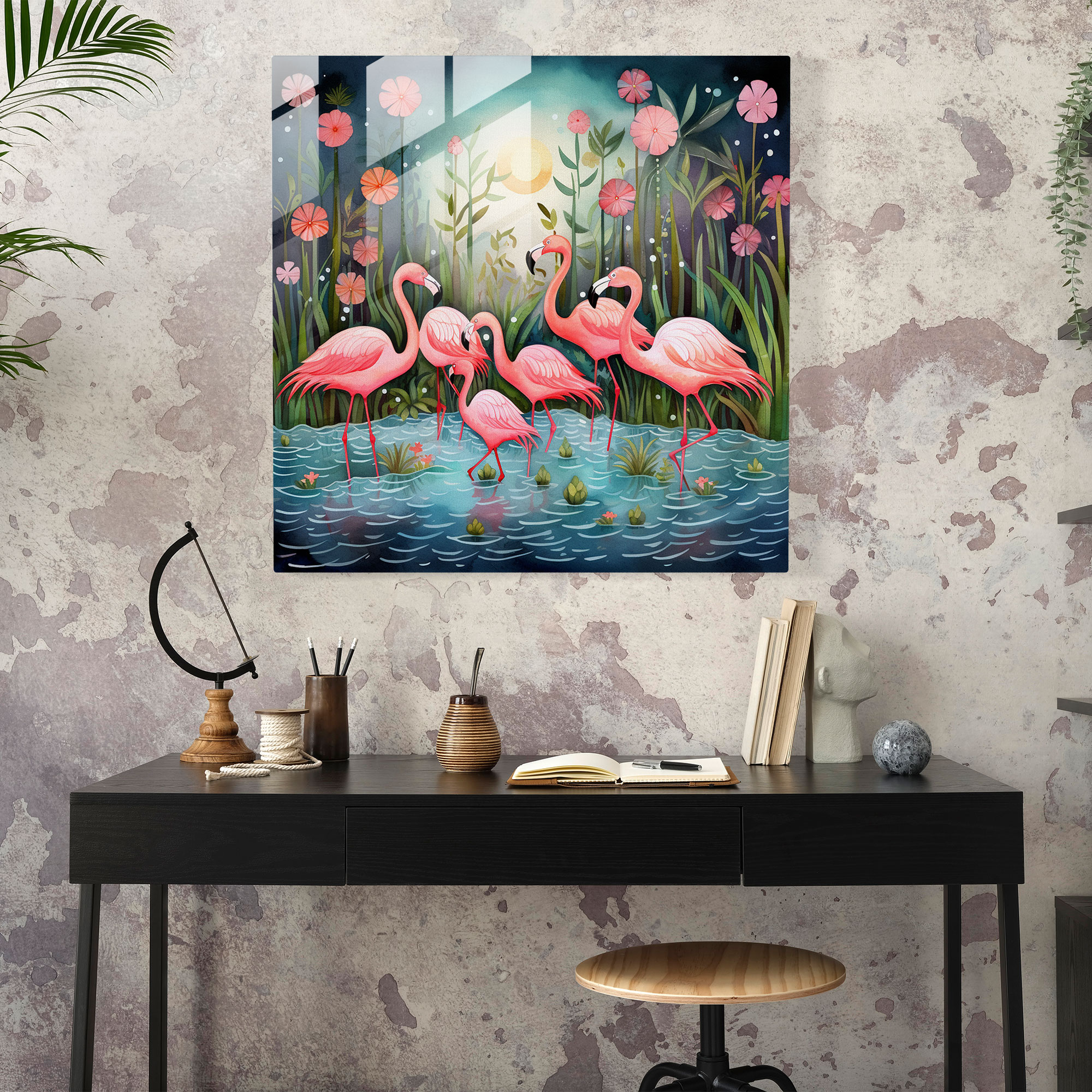 Sevimli Suluboya Flamingo Cam Tablo - Flamingo Modern Sanat Duvar Dekorasyonu Cennet