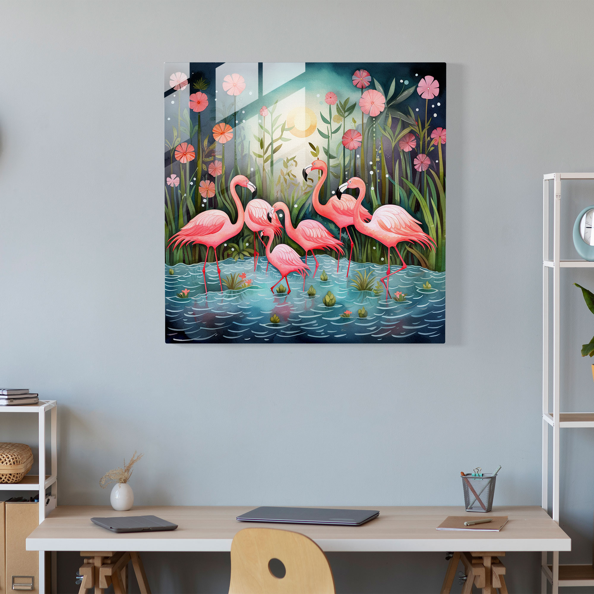 Sevimli Suluboya Flamingo Cam Tablo - Flamingo Modern Sanat Duvar Dekorasyonu Cennet