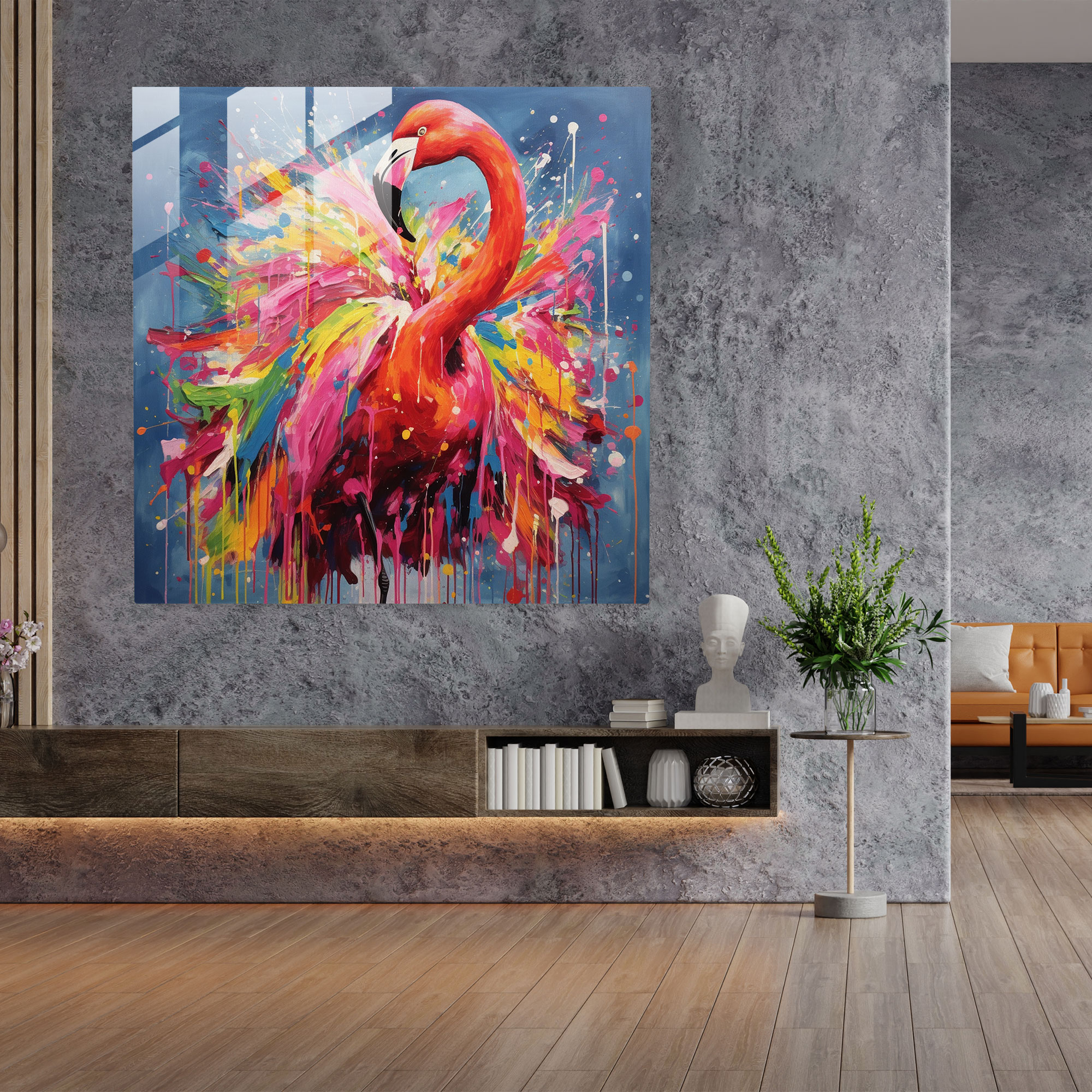 Abstract Flamboyant Flamingo Glass Print - Flamingo, Wall Decoration, Flamboyant, Abstract Painting