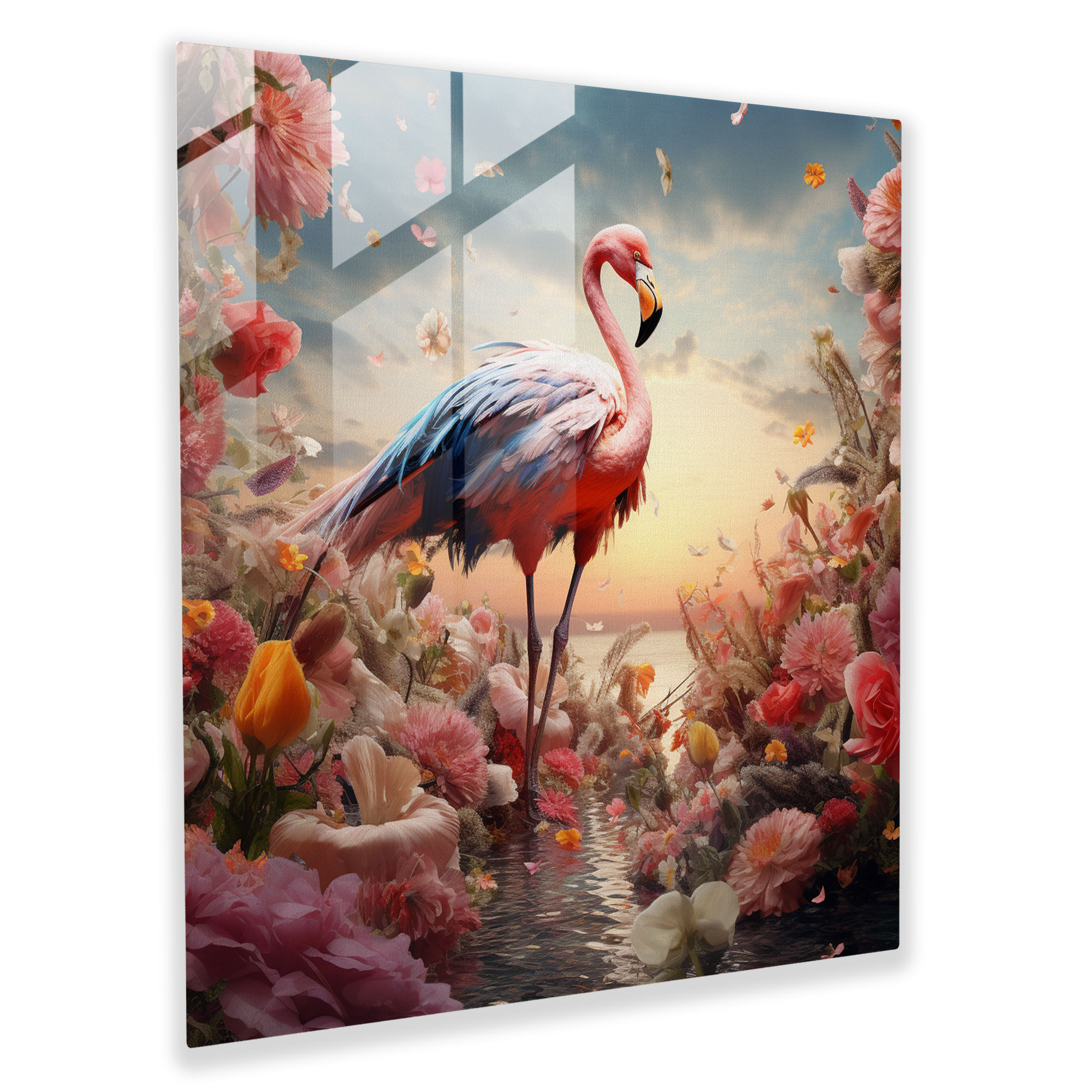 Surreal Flower Wings Flamingo Glass Print - Flamingo, Glass Print, Dream-Like, Flowers
