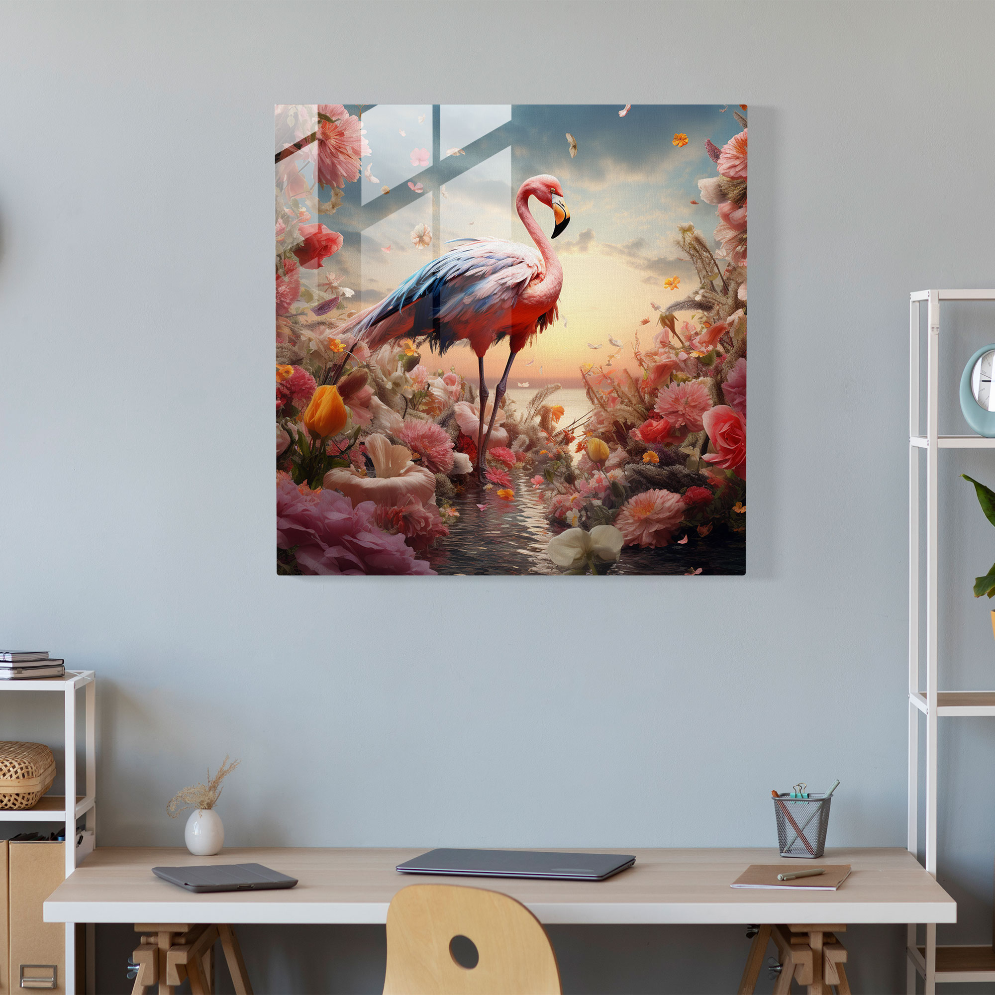 Surreal Flower Wings Flamingo Glass Print - Flamingo, Glass Print, Dream-Like, Flowers