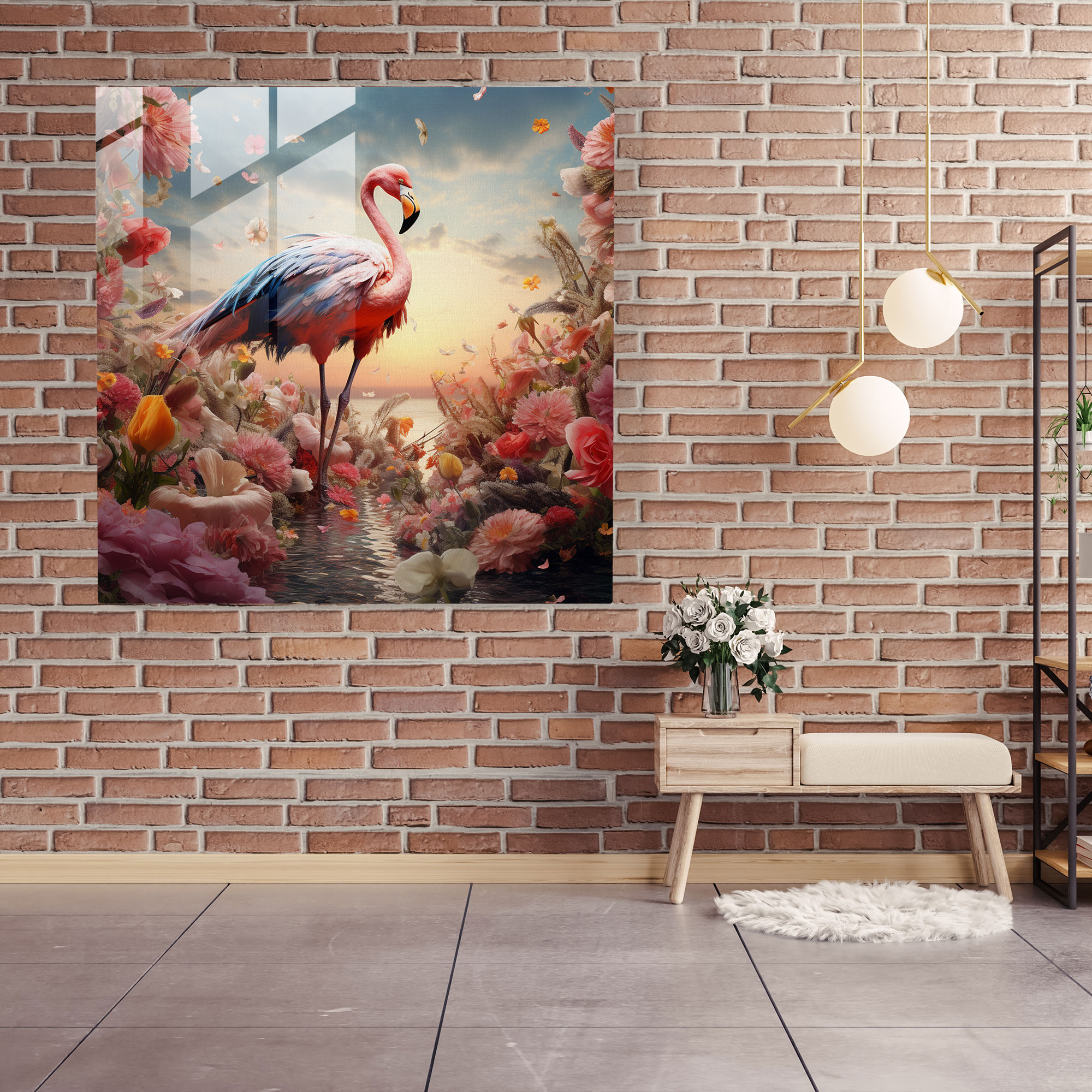 Surreal Flower Wings Flamingo Glass Print - Flamingo, Glass Print, Dream-Like, Flowers