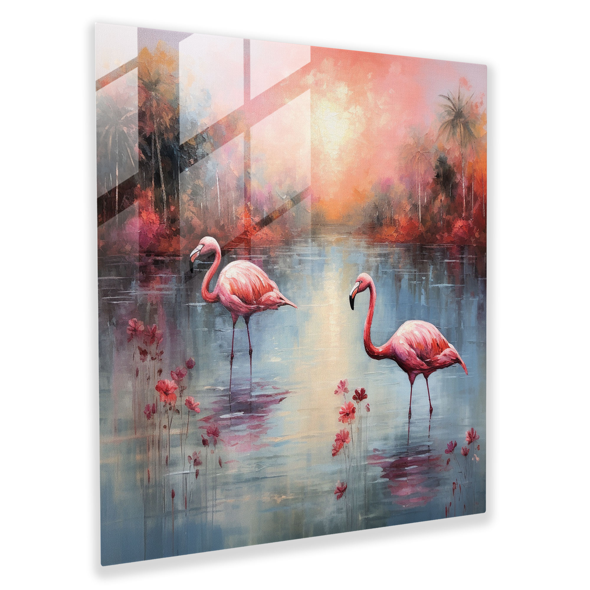 Serene Landscape Flamingo Glass Print - Flamingo, Flamingo, Impressionist Painting, Tranquil