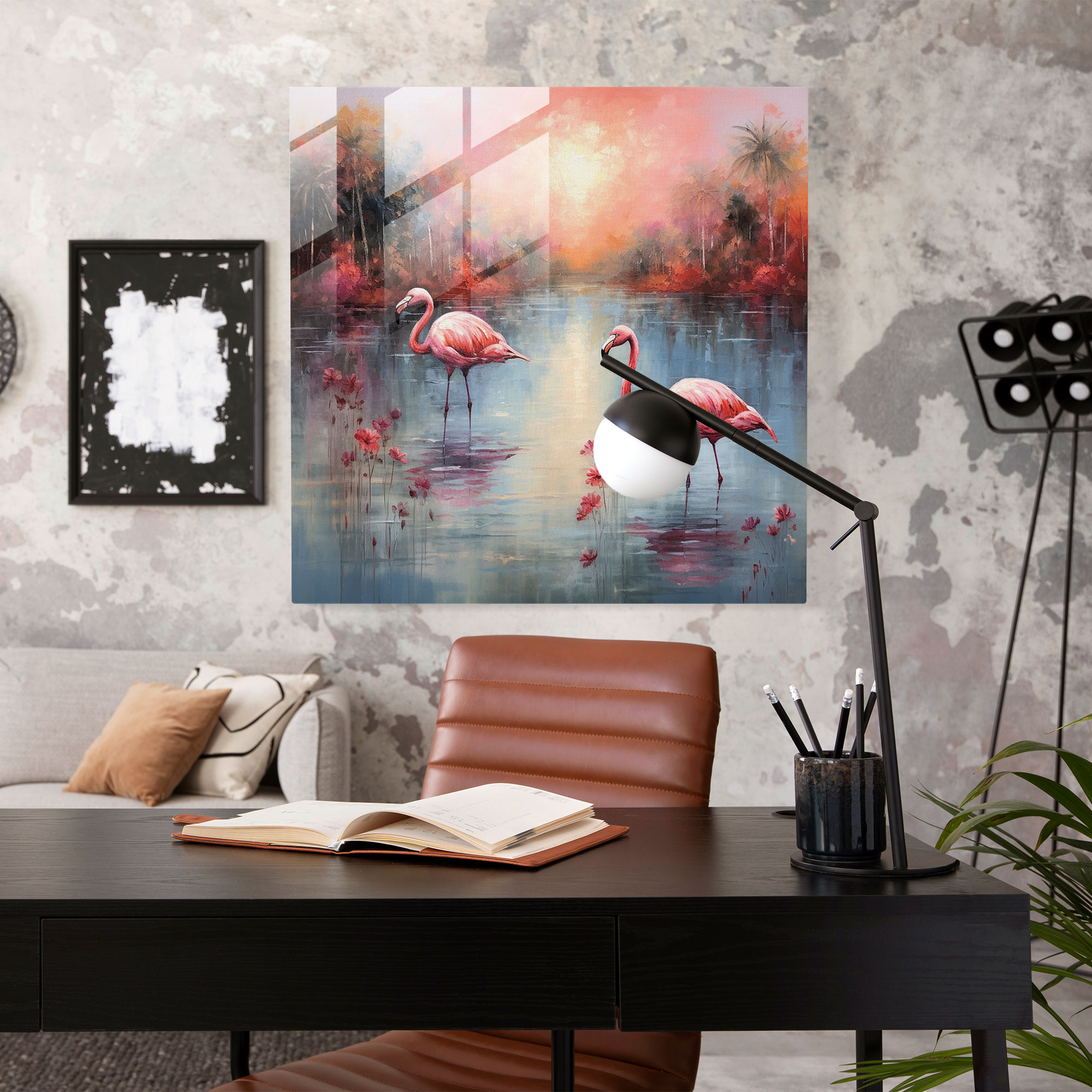 Serene Landscape Flamingo Glass Print - Flamingo, Flamingo, Impressionist Painting, Tranquil
