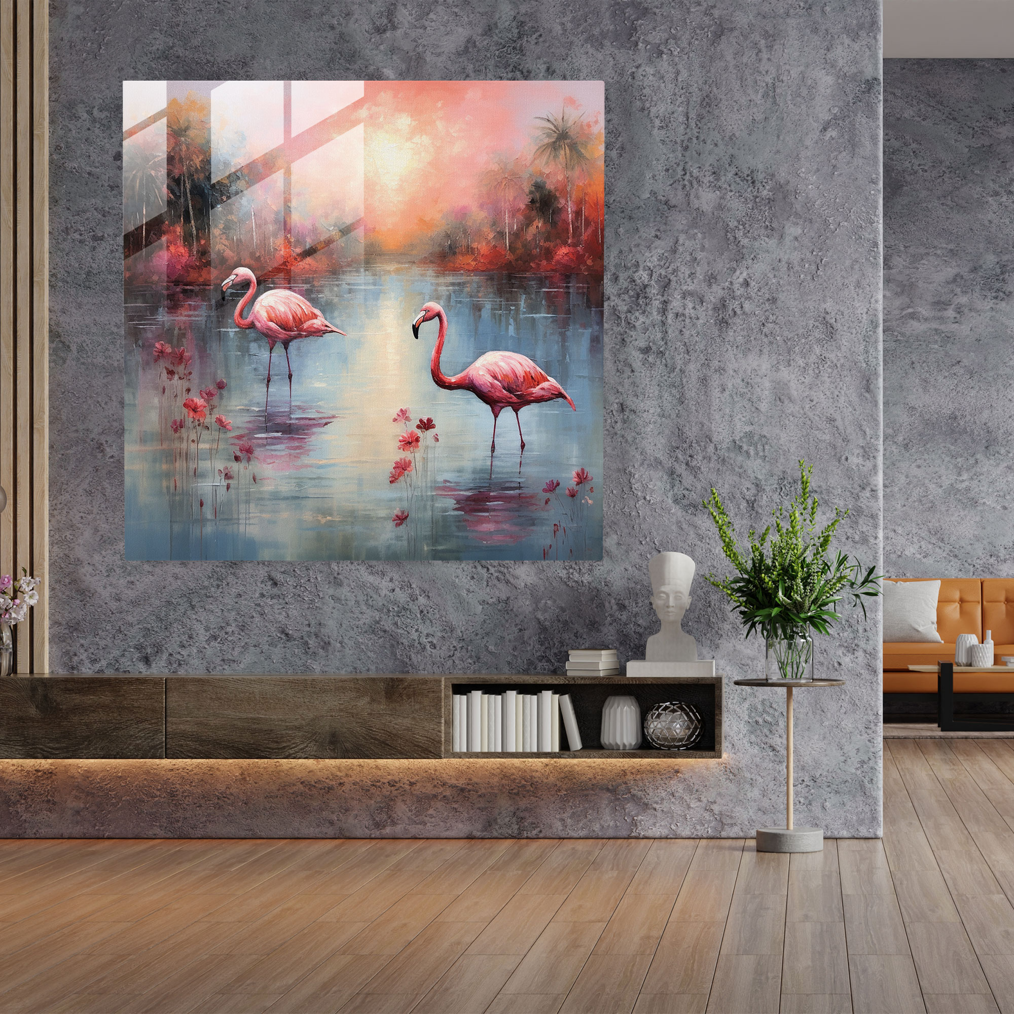 Serene Landscape Flamingo Glass Print - Flamingo, Flamingo, Impressionist Painting, Tranquil