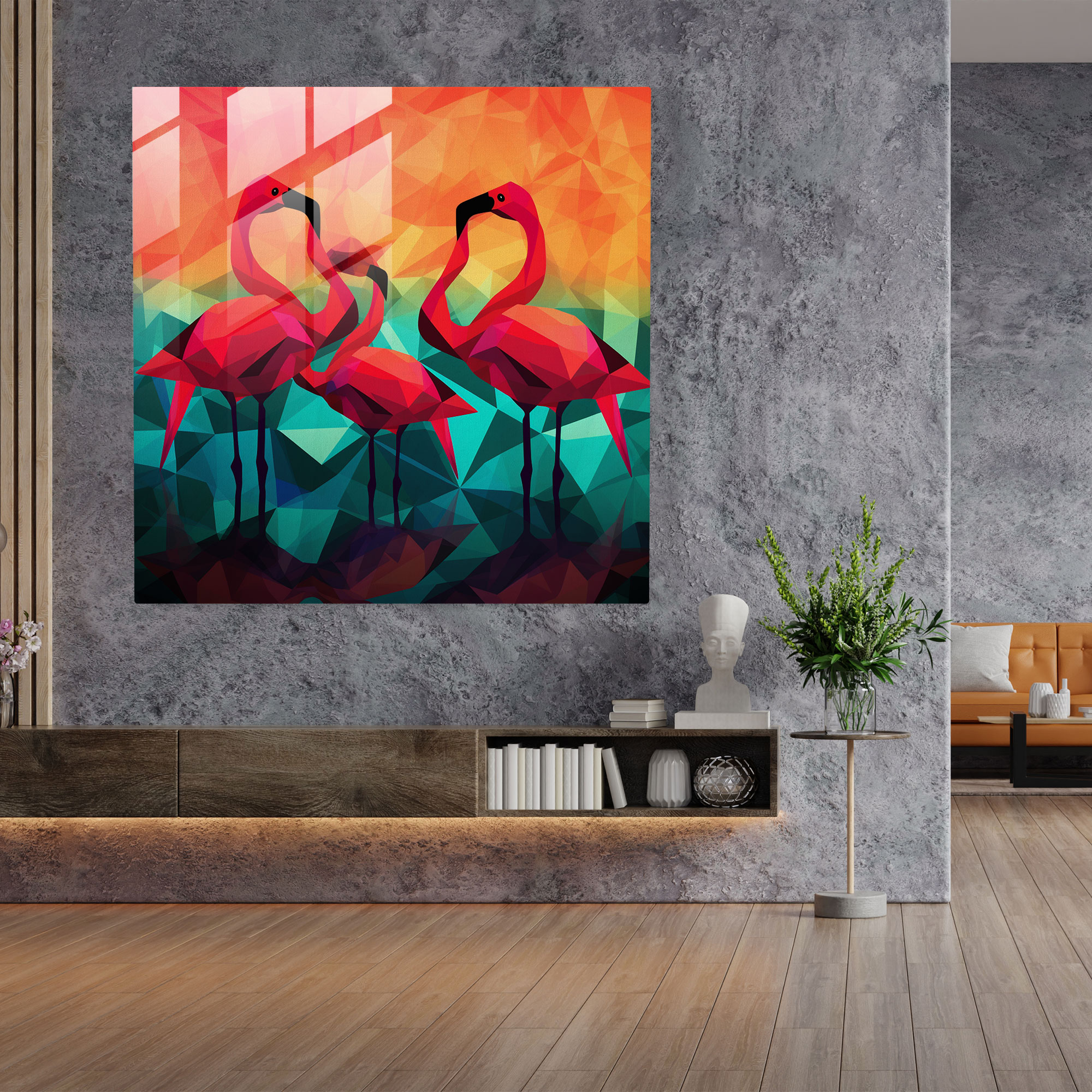 Geometric Silhouette Flamingo Glass Print - Flamingo, Silhouettes, Glass Print, Glass Art