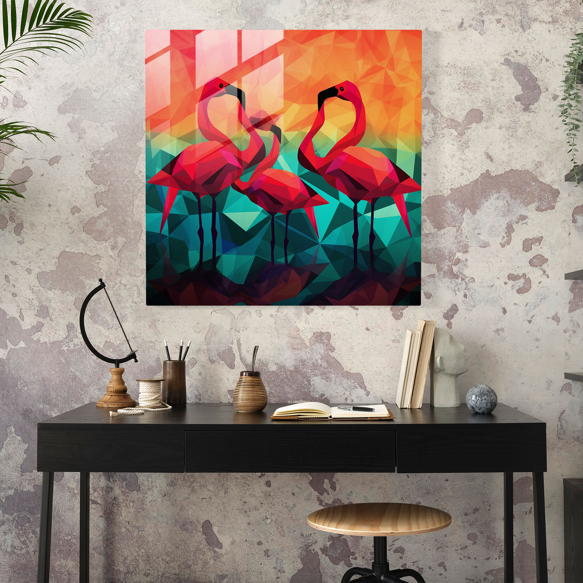 Geometric Silhouette Flamingo Glass Print - Flamingo, Silhouettes, Glass Print, Glass Art