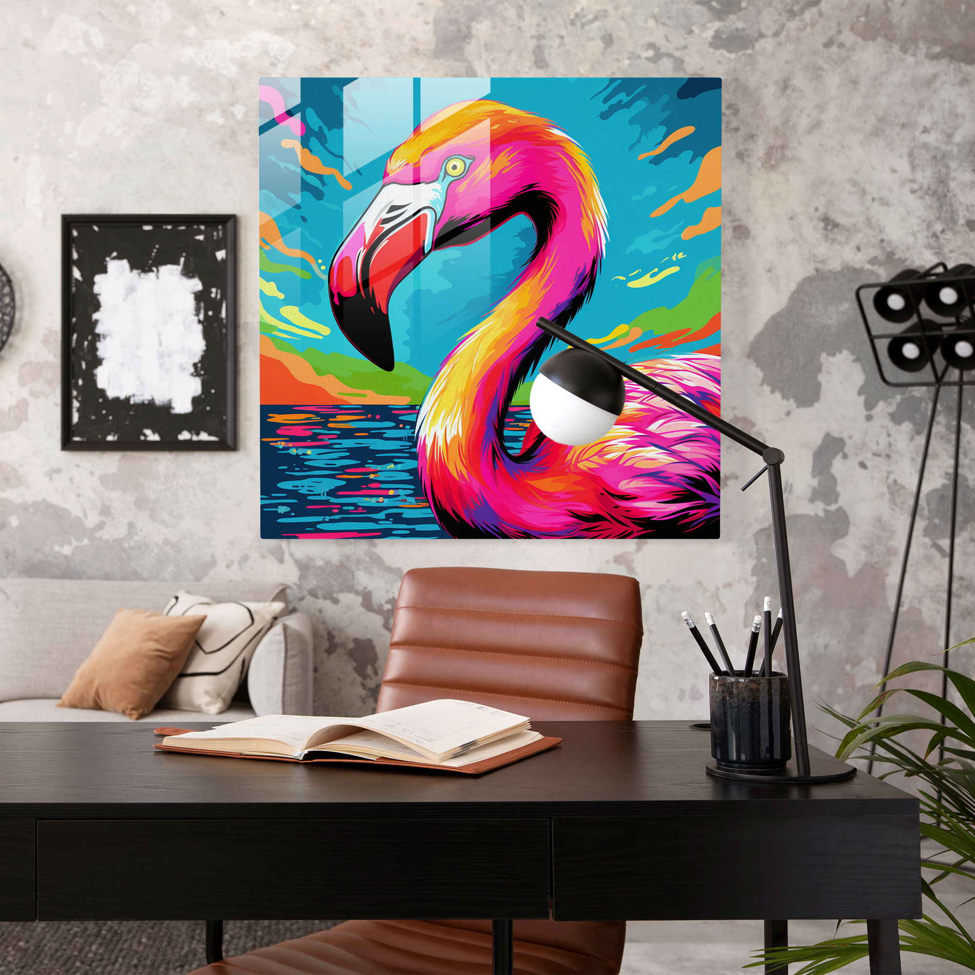 Pop Art Flamingo Glass Print - Flamingo, Modern Art, Retro-Inspired, Wall Decoration