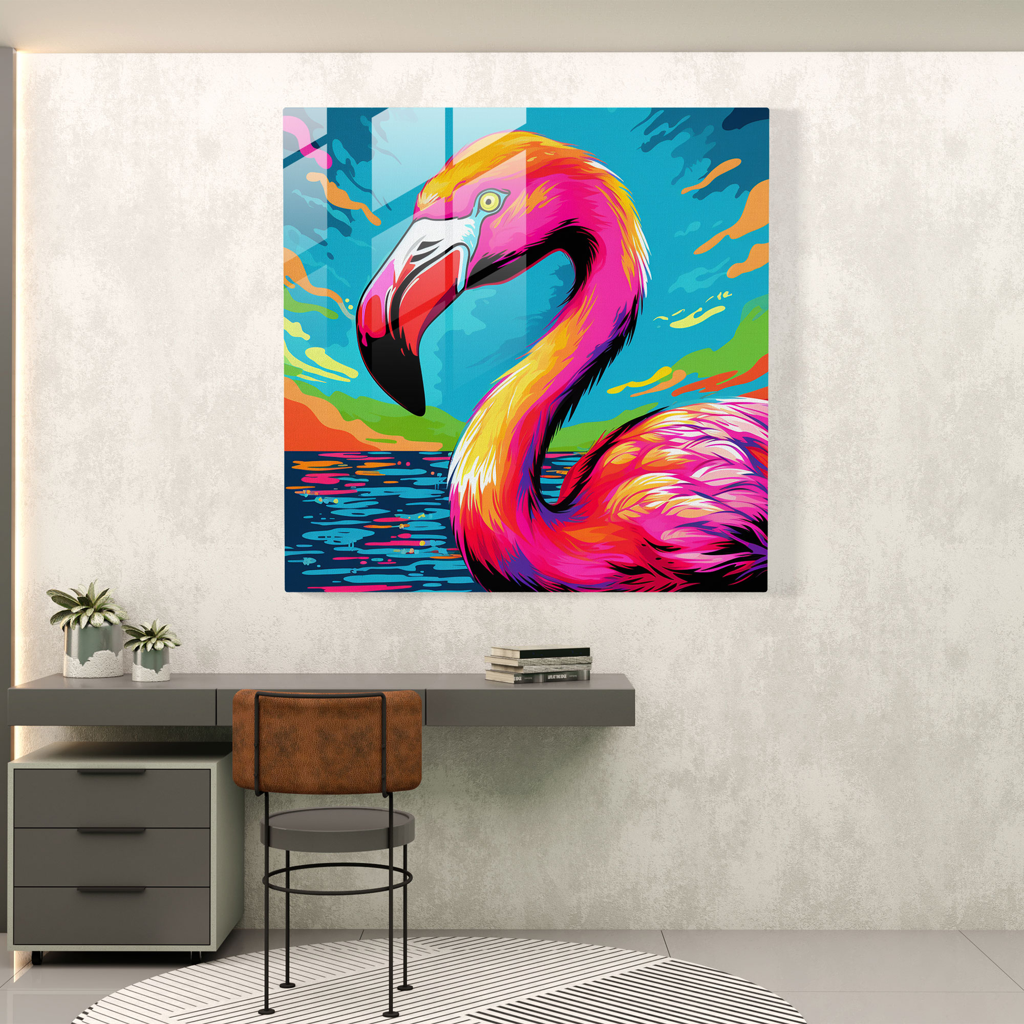 Pop Art Flamingo Glass Print - Flamingo, Modern Art, Retro-Inspired, Wall Decoration