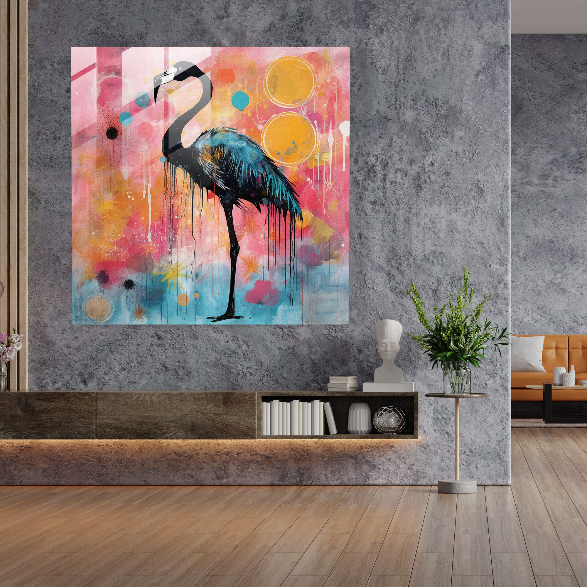 Flamingo Silhouette Glass Print - Flamingo, Glass Art, Colorful Background, Flamingo
