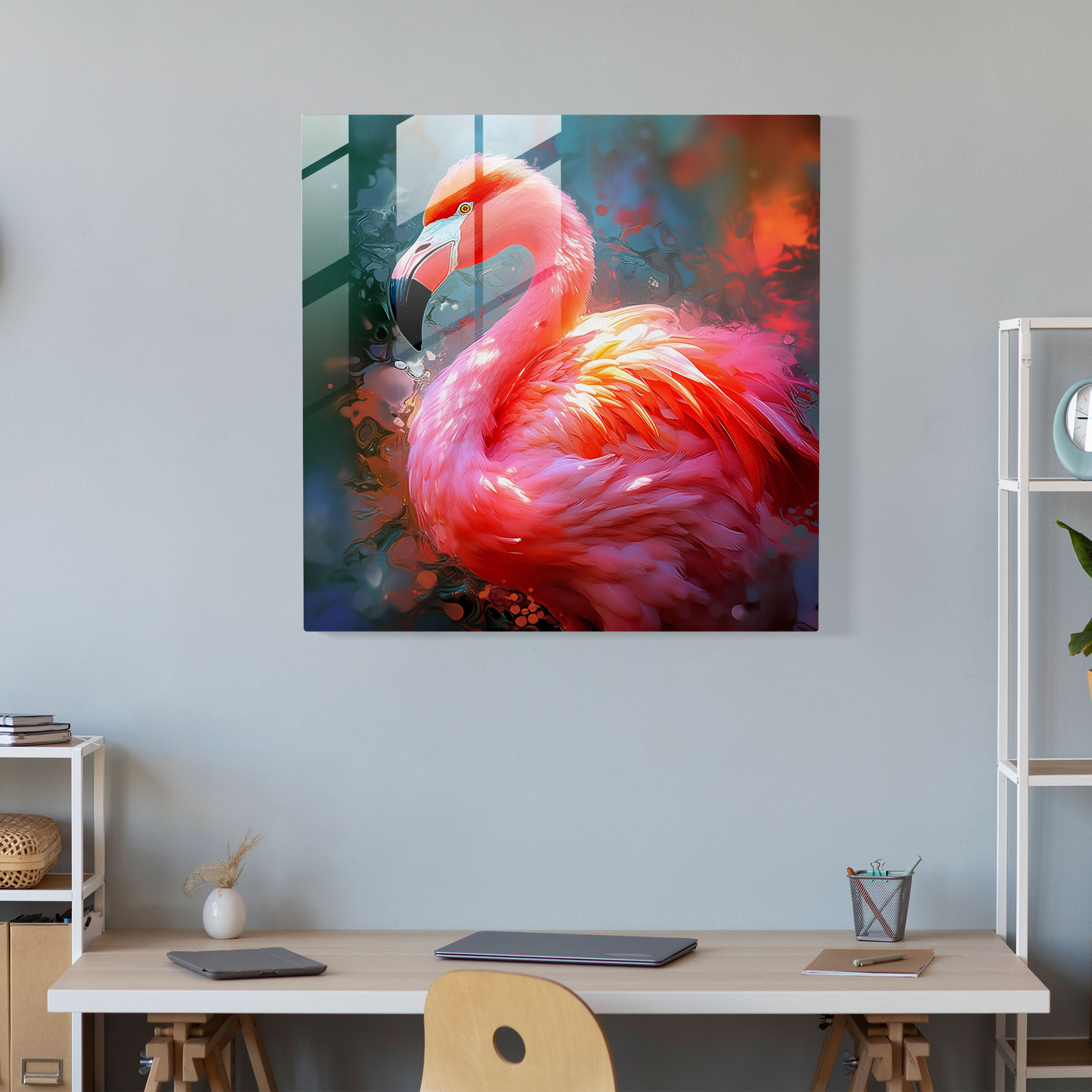 Flamingo Dreams Glass Print - Flamingo, Modern Art, Wall Decoration, Stylized Digital Painting