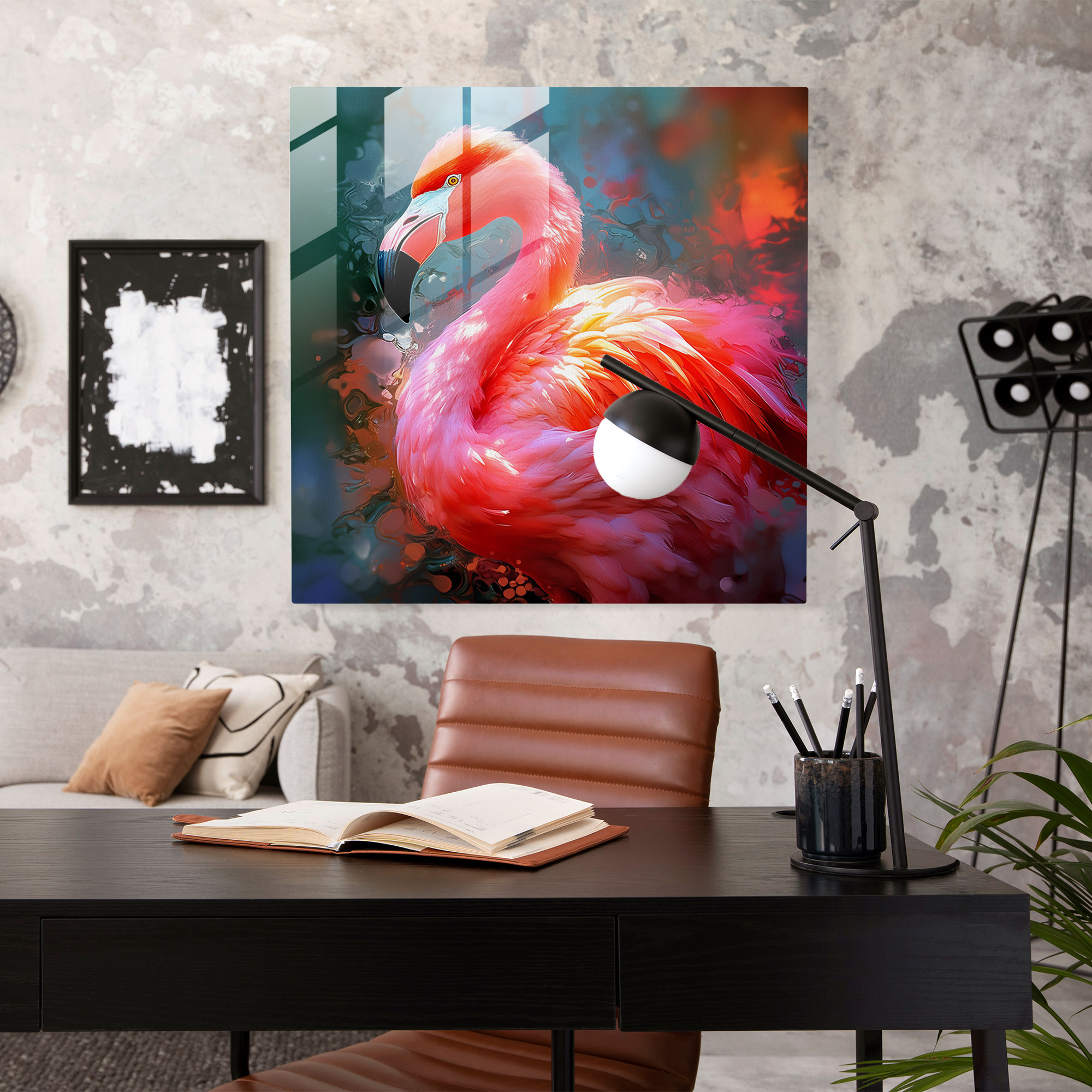 Flamingo Dreams Glass Print - Flamingo, Modern Art, Wall Decoration, Stylized Digital Painting